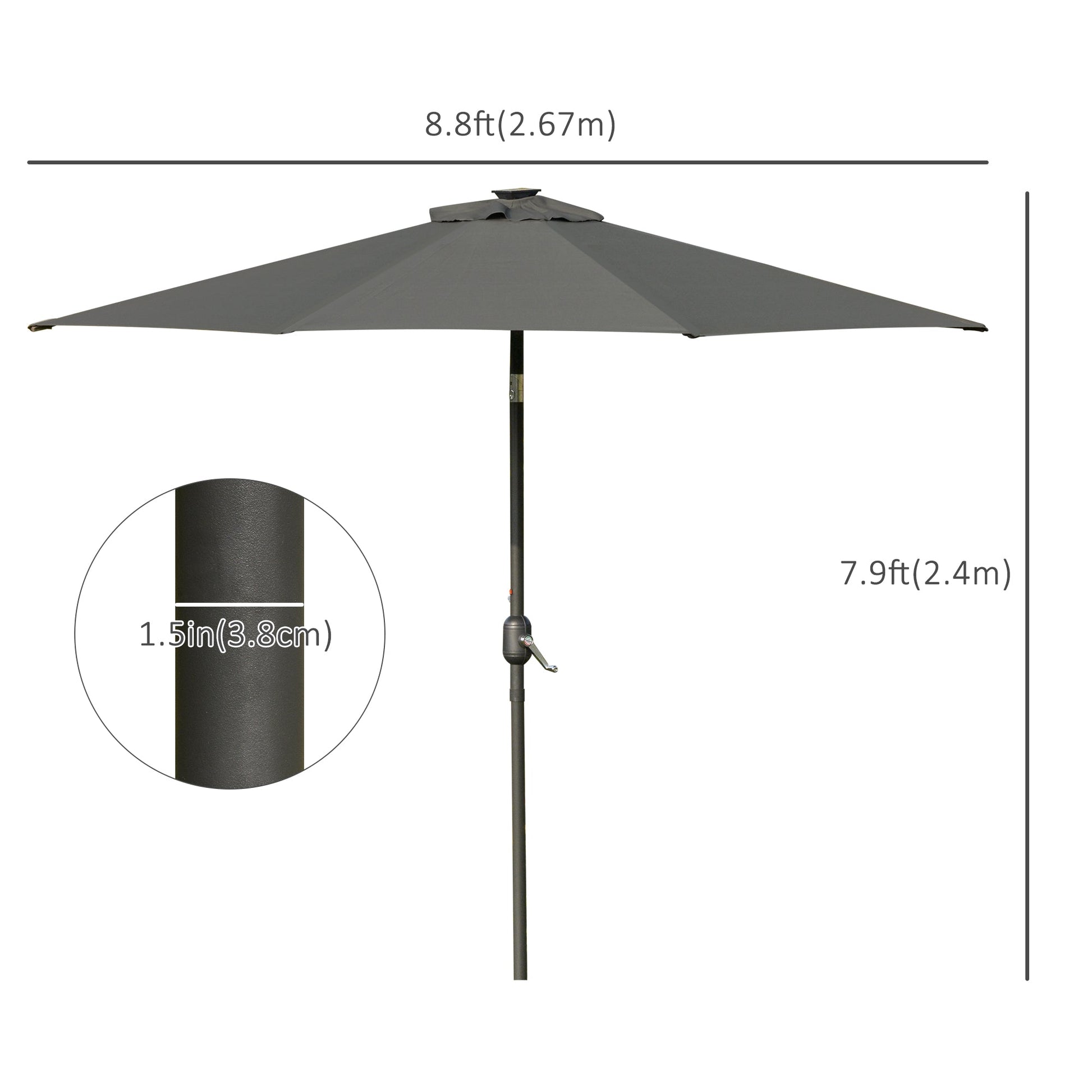 9ft Solar Patio Umbrella Outdoor Sunshade 24 LED Lights Tilt Canopy, Charcoal Grey
