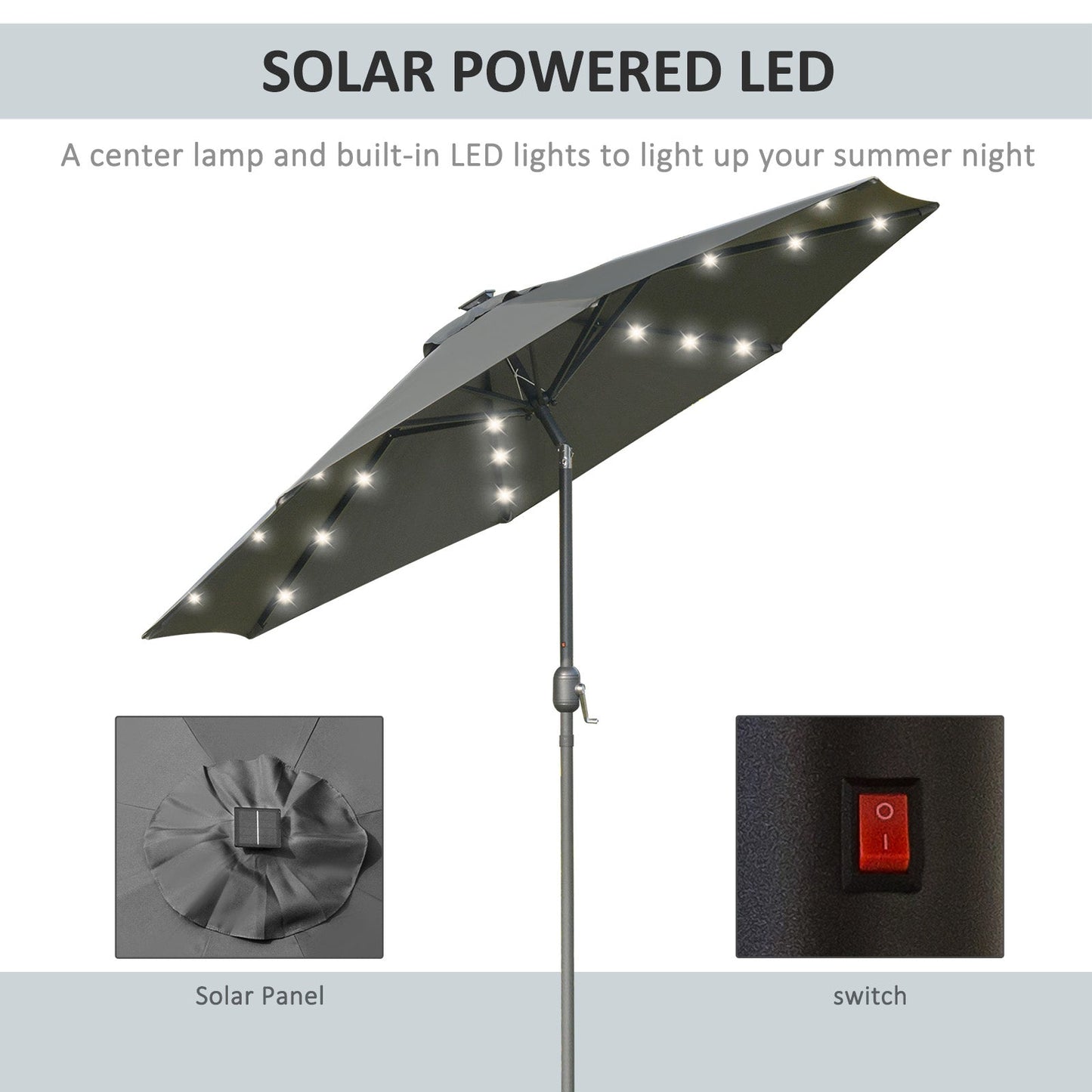 9ft Solar Patio Umbrella Outdoor Sunshade 24 LED Lights Tilt Canopy, Charcoal Grey