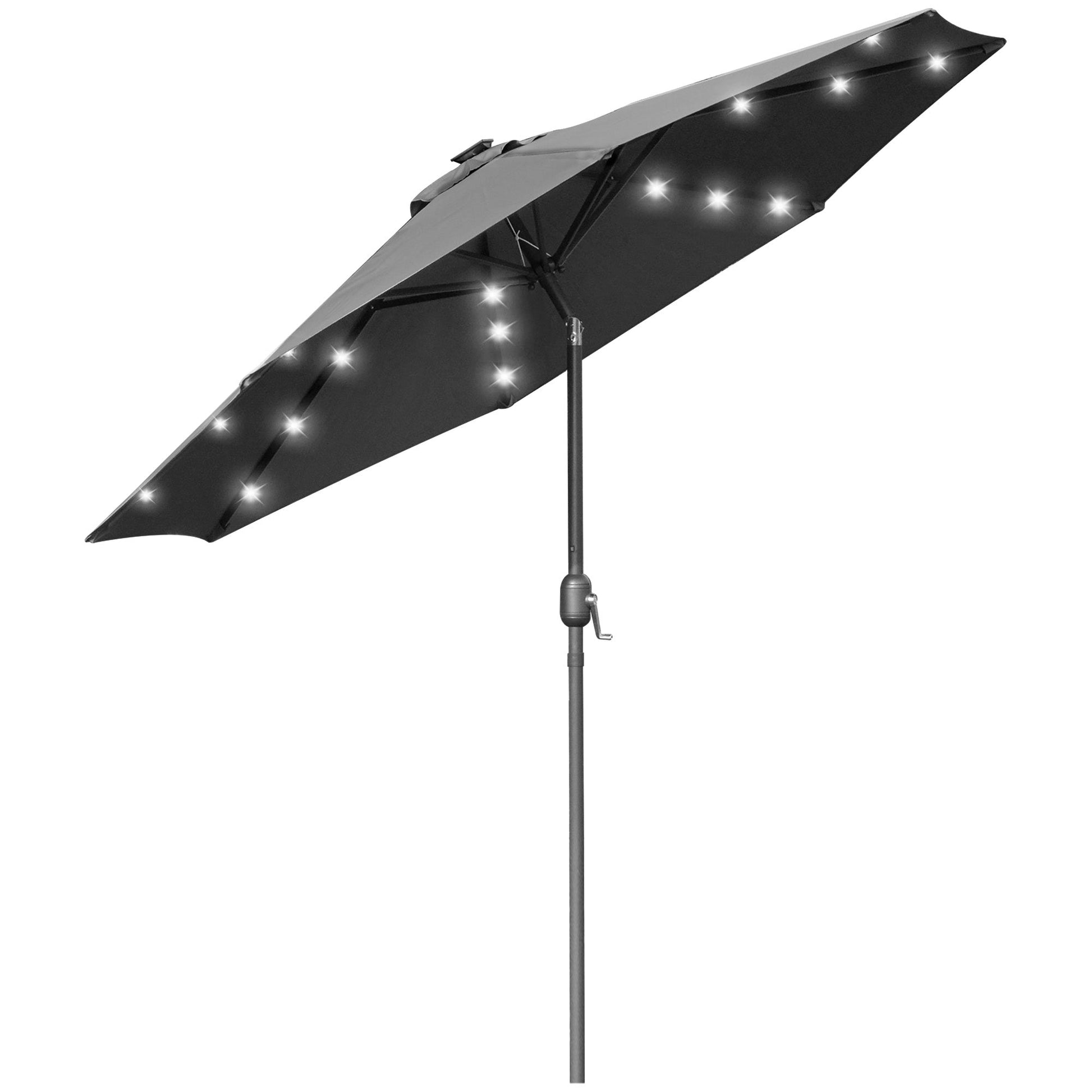 9ft Solar Patio Umbrella Outdoor Sunshade 24 LED Lights Tilt Canopy, Charcoal Grey