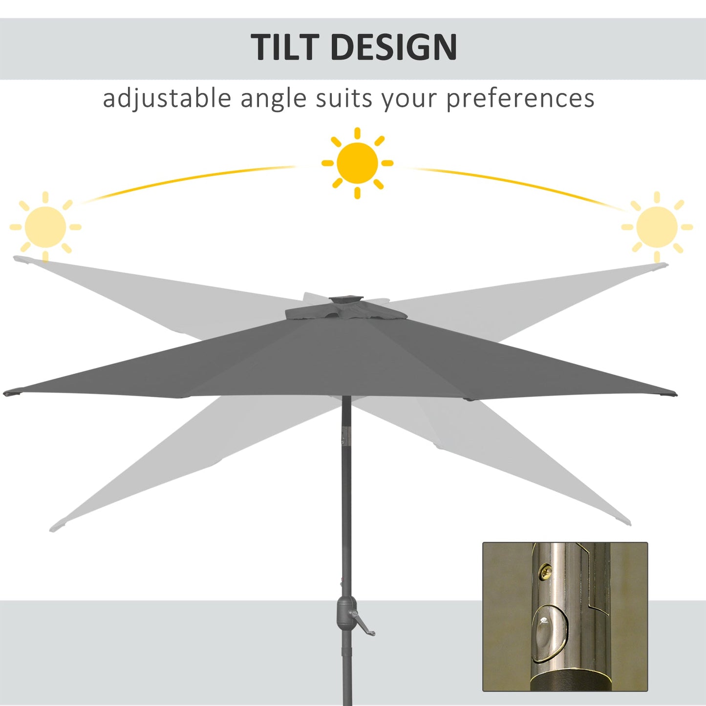 9ft Solar Patio Umbrella Outdoor Sunshade 24 LED Lights Tilt Canopy, Charcoal Grey