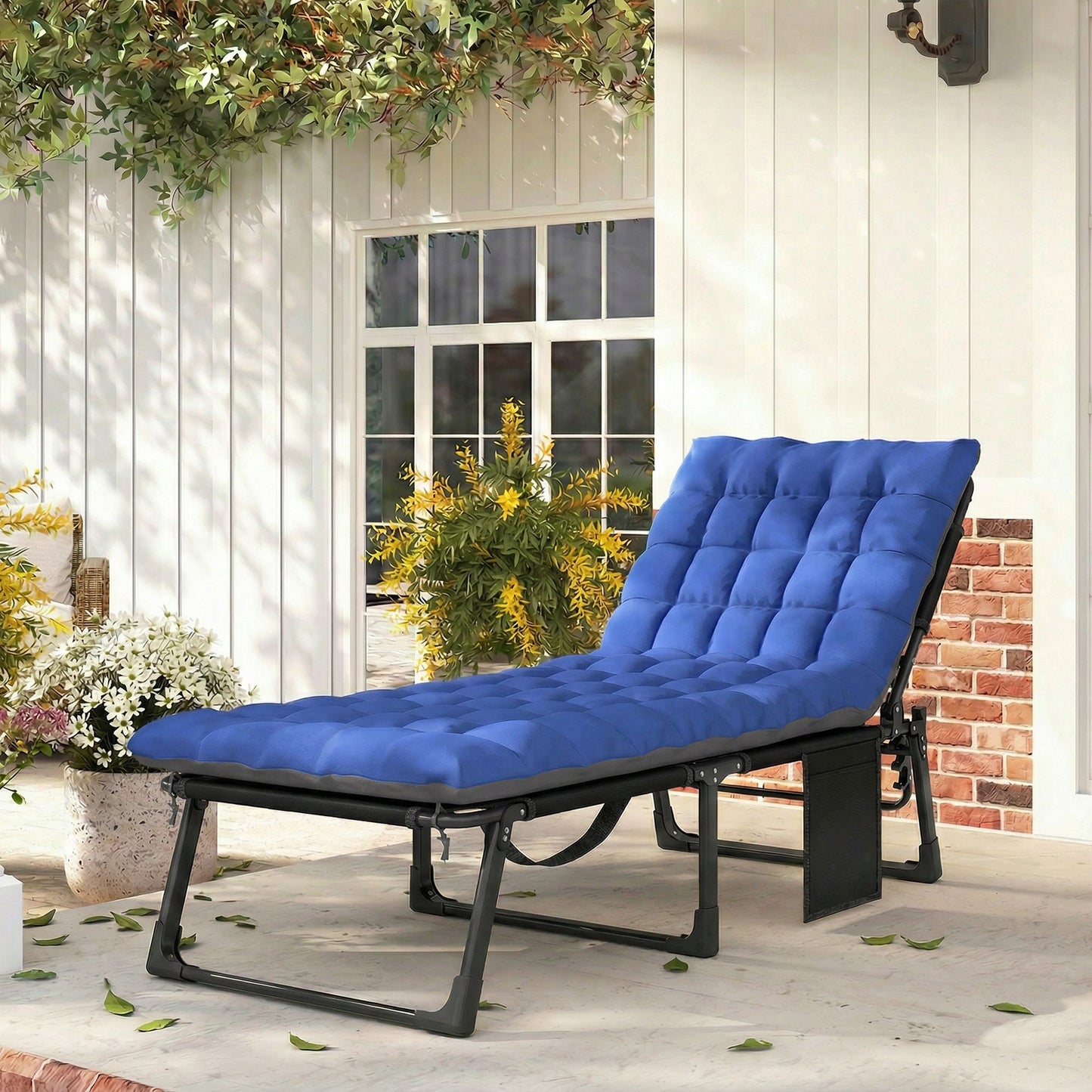 Lounge Chair Outdoor, 75 cm Wide Folding Chaise Lounge Tanning Chair, 5-Position Beach Patio Lounger Camping Cot Bed with Cushion, Side Pocket, Dark Grey/Blue