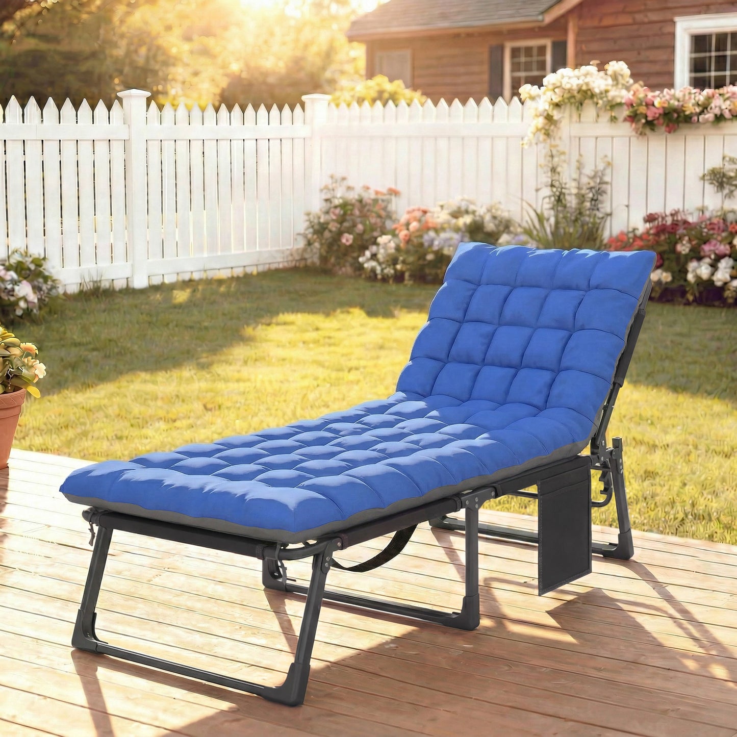 Lounge Chair Outdoor, 75 cm Wide Folding Chaise Lounge Tanning Chair, 5-Position Beach Patio Lounger Camping Cot Bed with Cushion, Side Pocket, Dark Grey/Blue