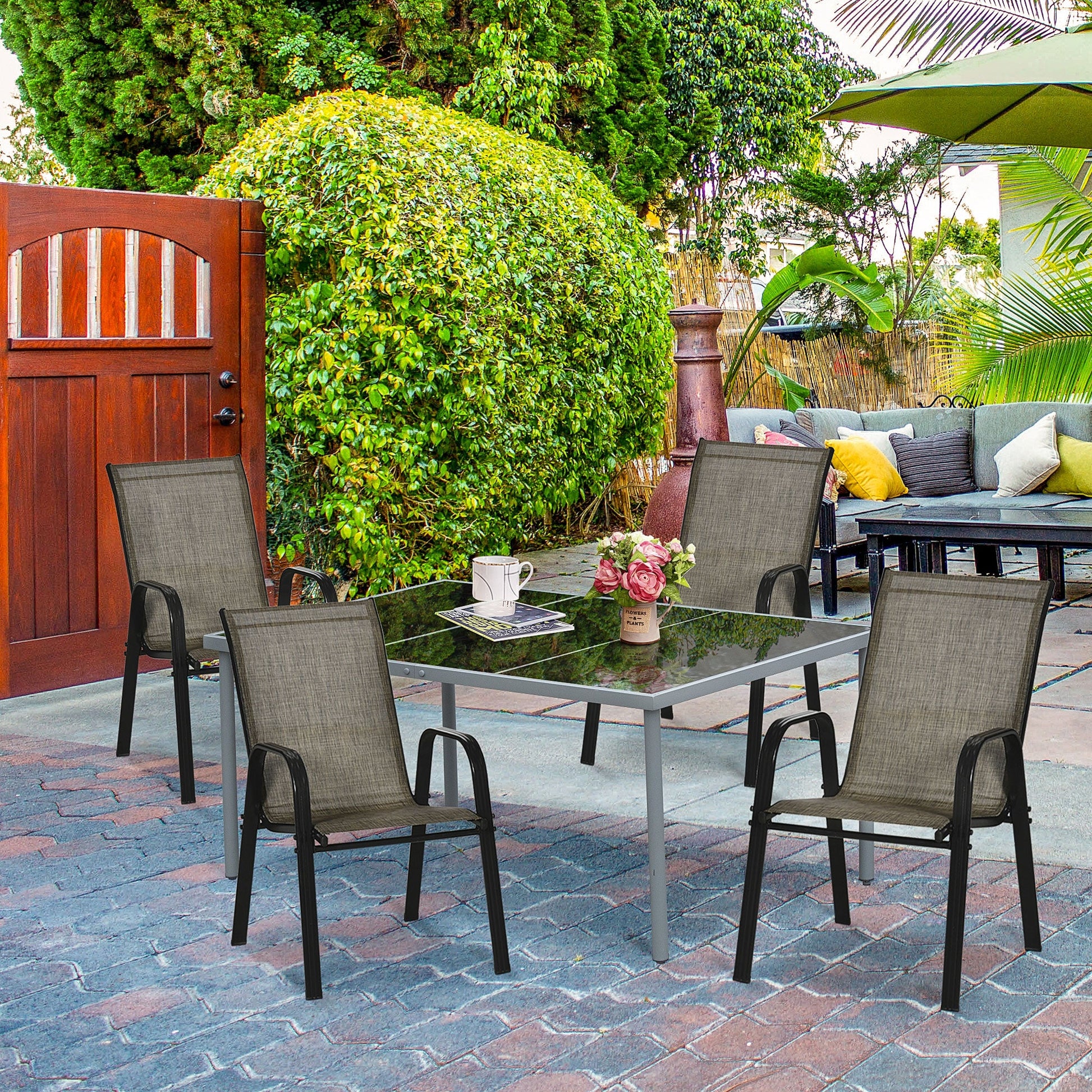 Set of 4 Outdoor Dining Chairs, Heavy Duty Stackable Patio Dining Set with Mesh Seat and Armrests for Balcony Garden, Brown and Black