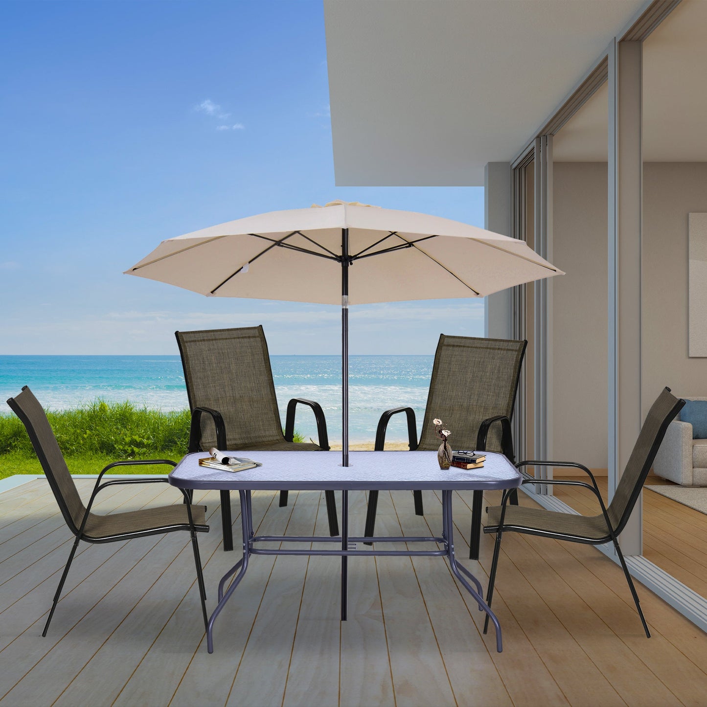 Set of 4 Outdoor Dining Chairs, Heavy Duty Stackable Patio Dining Set with Mesh Seat and Armrests for Balcony Garden, Brown and Black