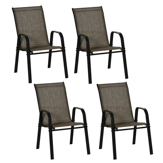 Set of 4 Outdoor Dining Chairs, Heavy Duty Stackable Patio Dining Set with Mesh Seat and Armrests for Balcony Garden, Brown and Black