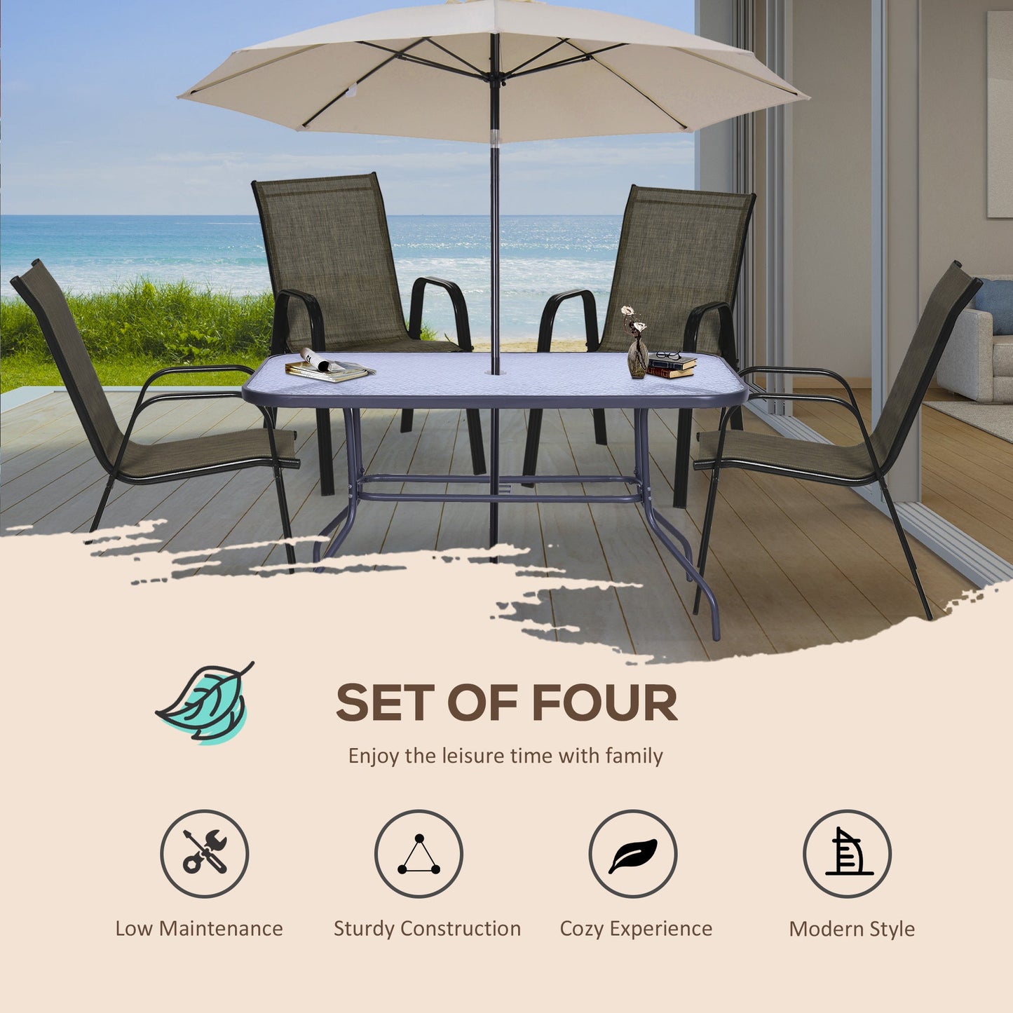 Set of 4 Outdoor Dining Chairs, Heavy Duty Stackable Patio Dining Set with Mesh Seat and Armrests for Balcony Garden, Brown and Black