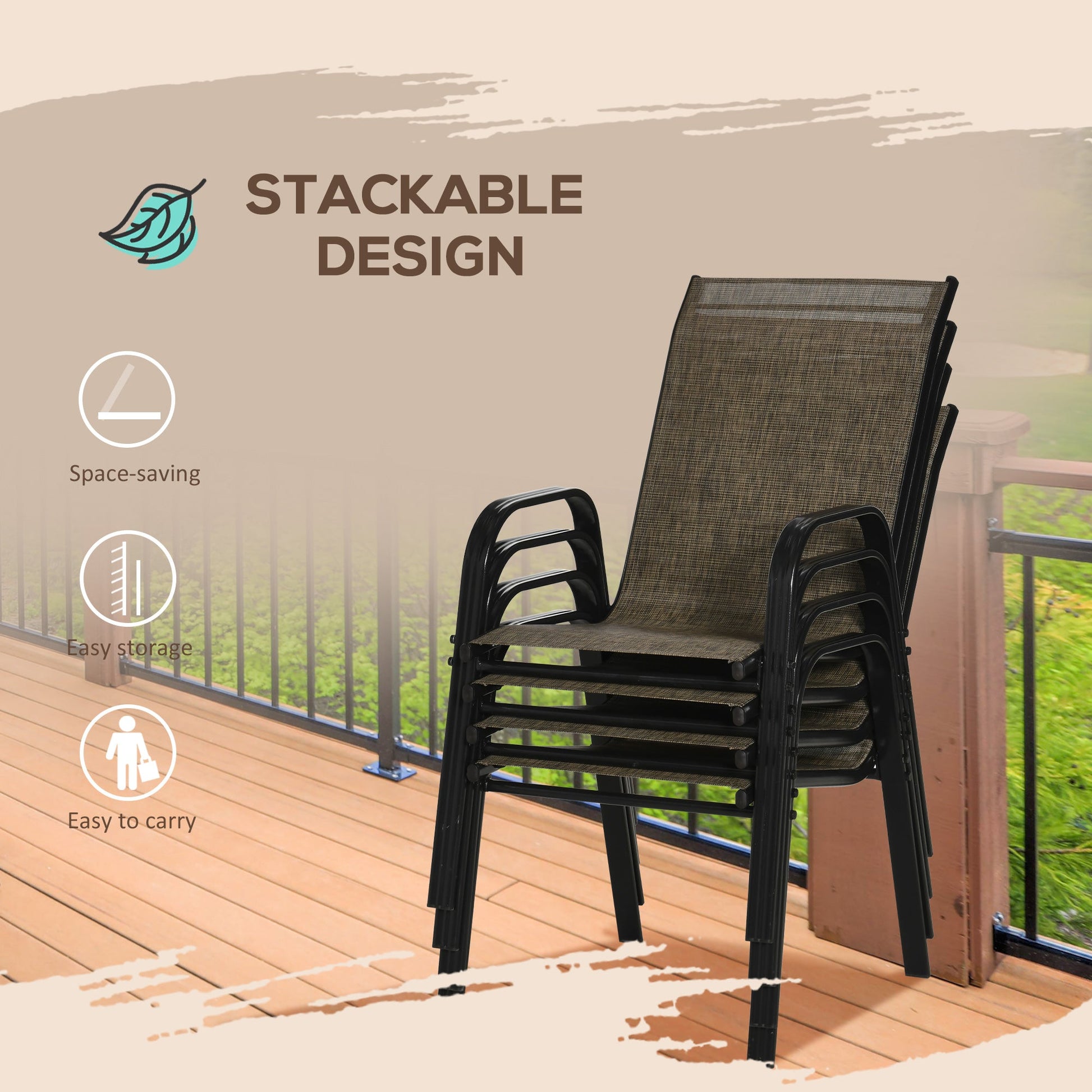 Set of 4 Outdoor Dining Chairs, Heavy Duty Stackable Patio Dining Set with Mesh Seat and Armrests for Balcony Garden, Brown and Black
