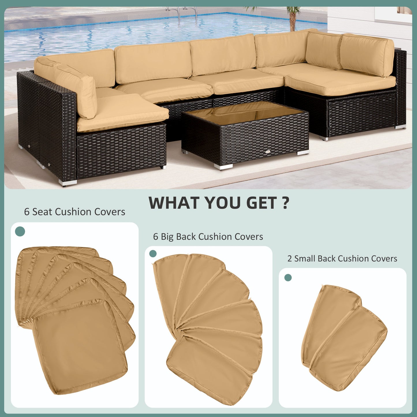 14Pcs Outdoor Cushion Covers, Patio Cushion Covers Replacement for Rattan Sofa Set - No Cushion Included, Light Yellow