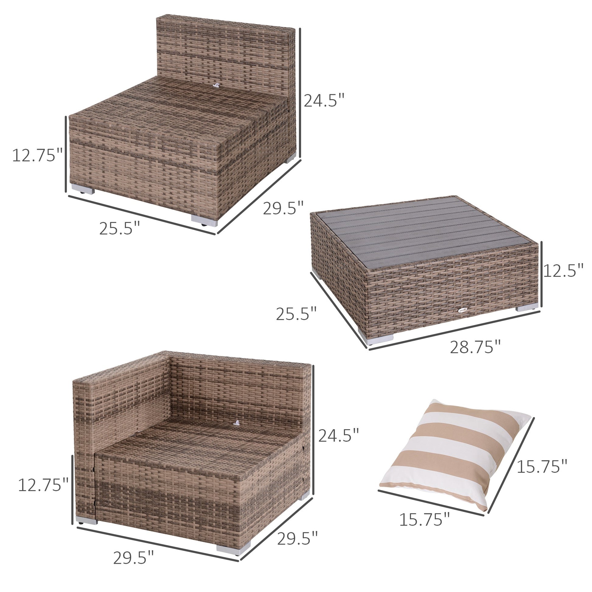 7 Piece Patio Furniture Set, PE Rattan Outdoor Conversation Set with Sectional Sofa, Glass Tabletop, Cushions and Pillows for Garden, Lawn, Deck, Dark Beige and Grey