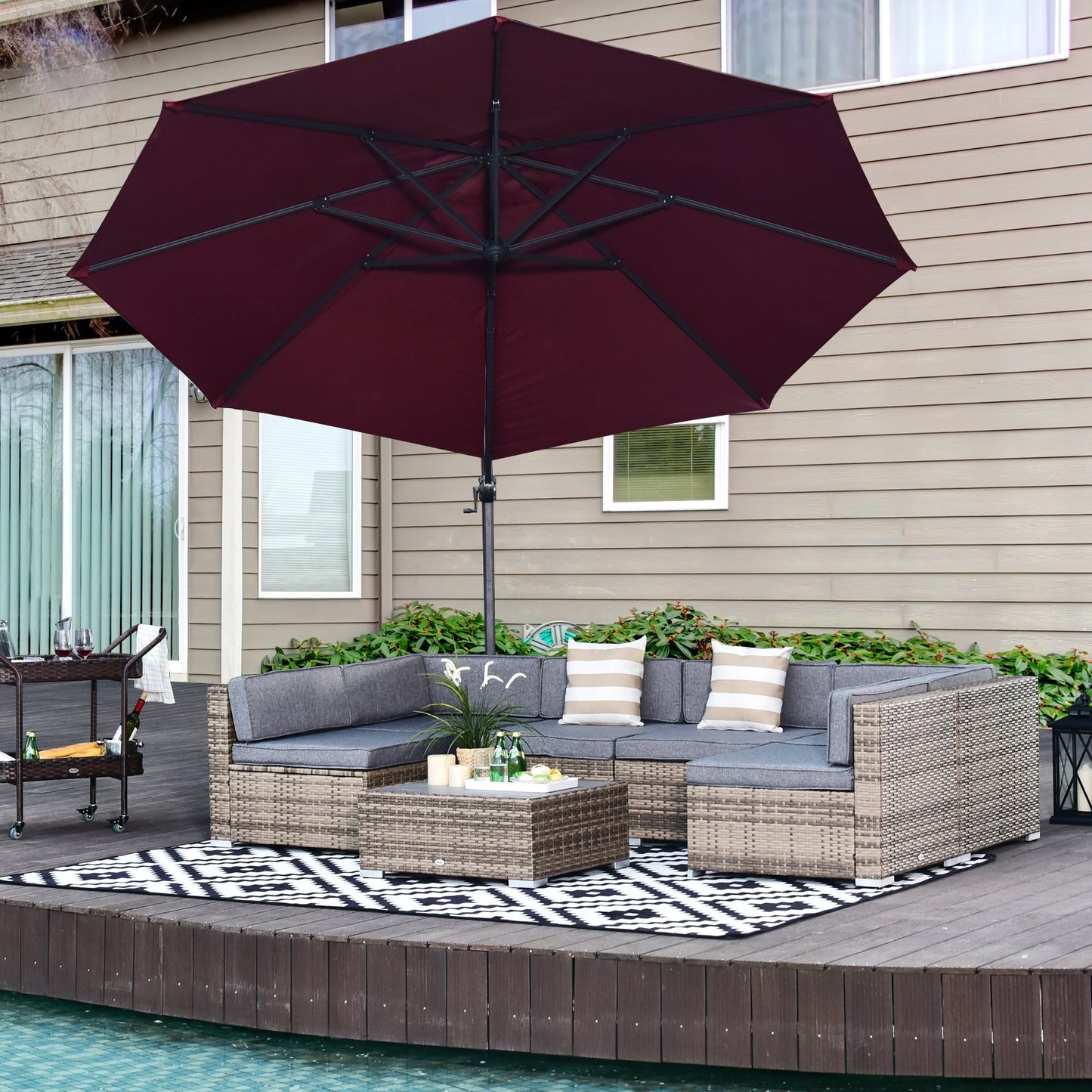 7 Piece Patio Furniture Set, PE Rattan Outdoor Conversation Set with Sectional Sofa, Glass Tabletop, Cushions and Pillows for Garden, Lawn, Deck, Dark Beige and Grey