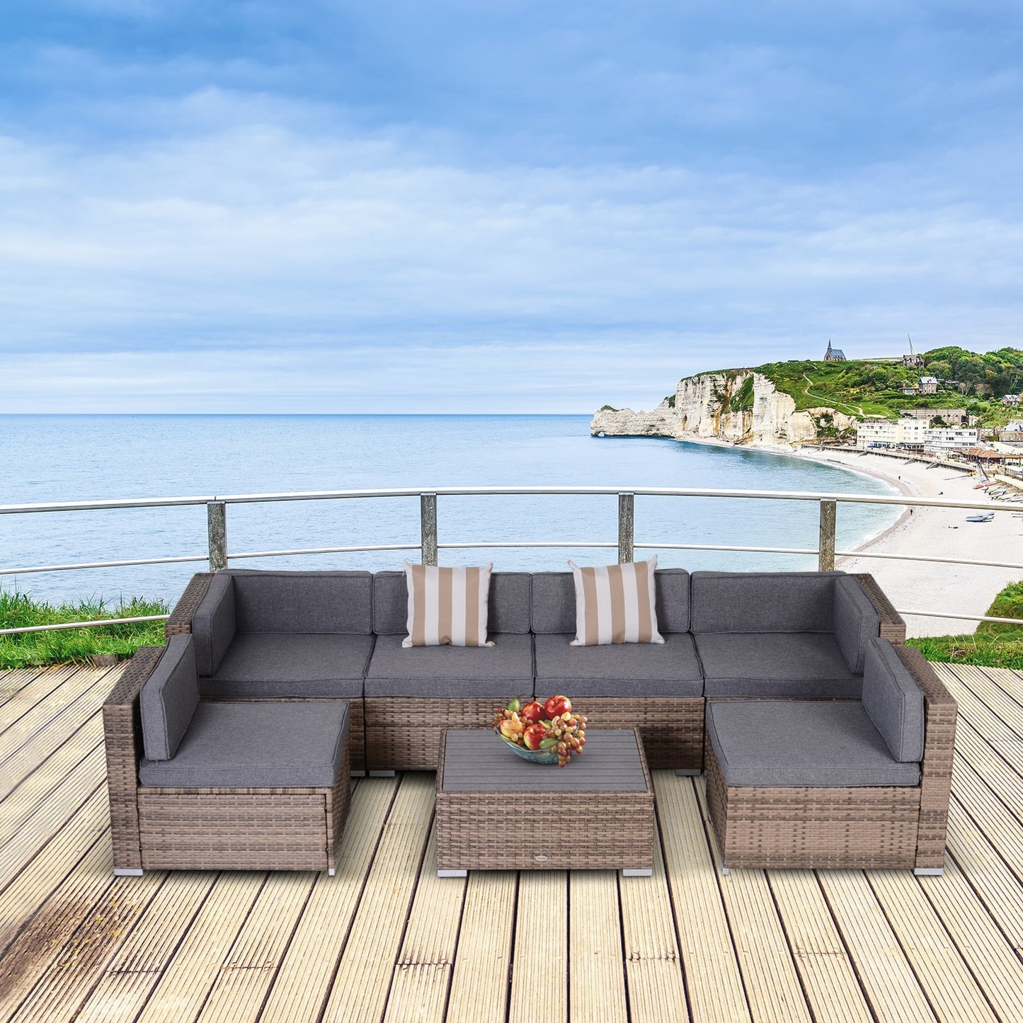 7 Piece Patio Furniture Set, PE Rattan Outdoor Conversation Set with Sectional Sofa, Glass Tabletop, Cushions and Pillows for Garden, Lawn, Deck, Dark Beige and Grey