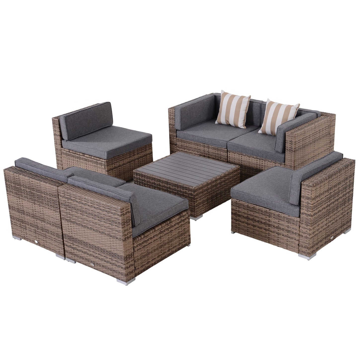 7 Piece Patio Furniture Set, PE Rattan Outdoor Conversation Set with Sectional Sofa, Glass Tabletop, Cushions and Pillows for Garden, Lawn, Deck, Dark Beige and Grey