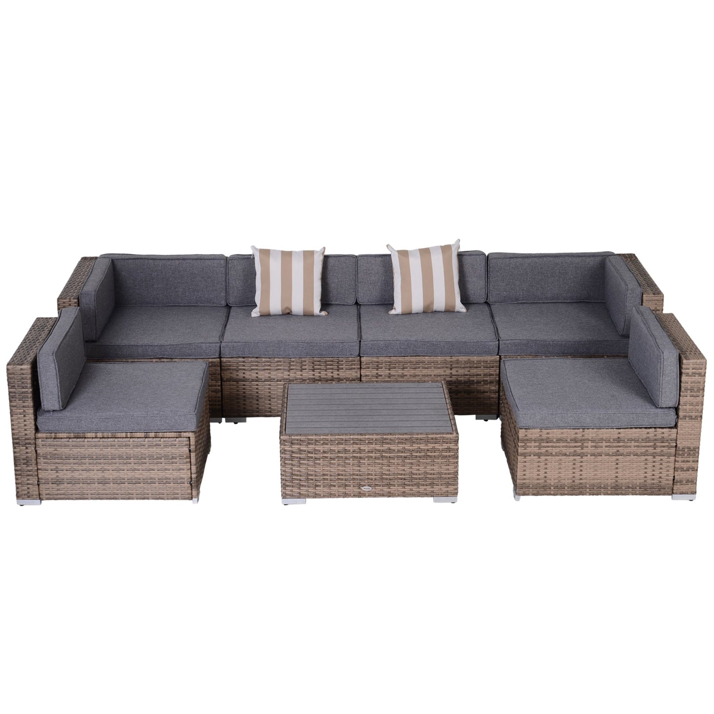 7 Piece Patio Furniture Set, PE Rattan Outdoor Conversation Set with Sectional Sofa, Glass Tabletop, Cushions and Pillows for Garden, Lawn, Deck, Dark Beige and Grey