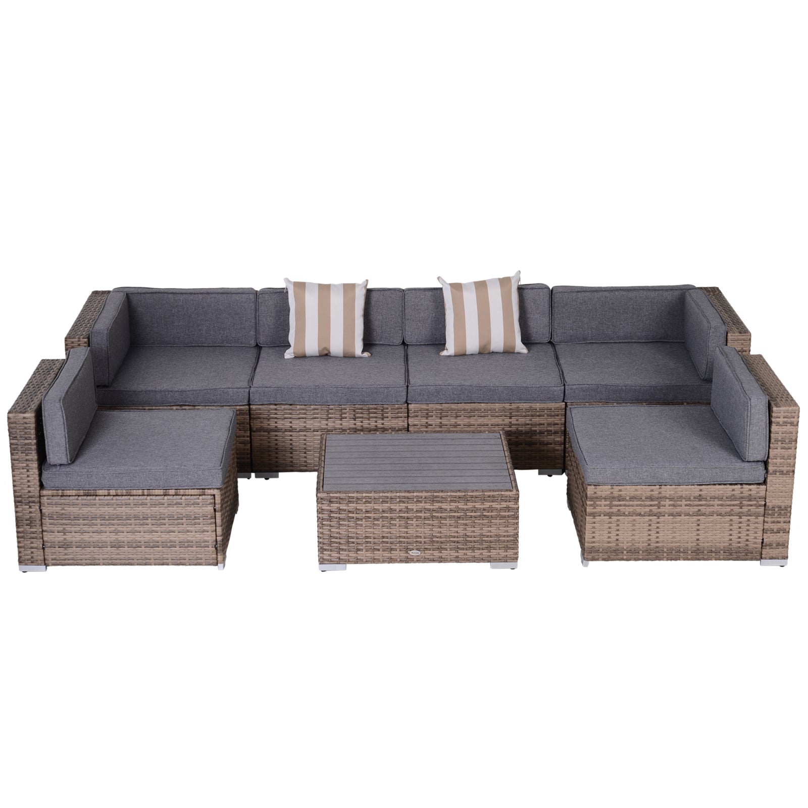 7 Piece Patio Furniture Set, PE Rattan Outdoor Conversation Set with Sectional Sofa, Glass Tabletop, Cushions and Pillows for Garden, Lawn, Deck, Dark Beige and Grey