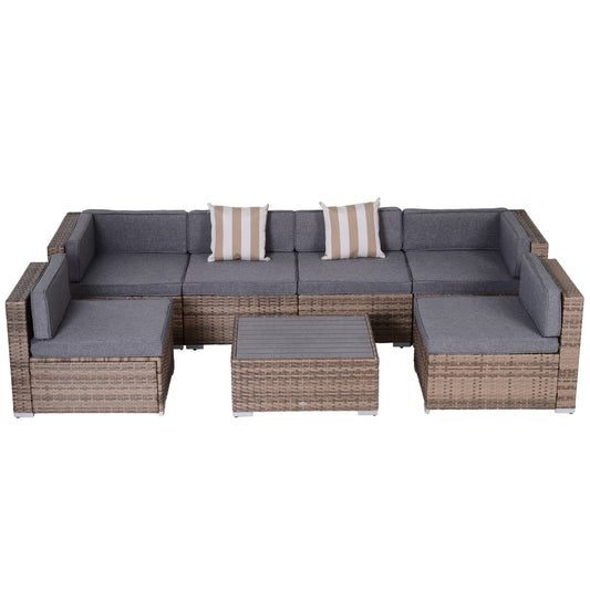 7 Piece Patio Furniture Set, PE Rattan Outdoor Conversation Set with Sectional Sofa, Glass Tabletop, Cushions and Pillows for Garden, Lawn, Deck, Dark Beige and Grey