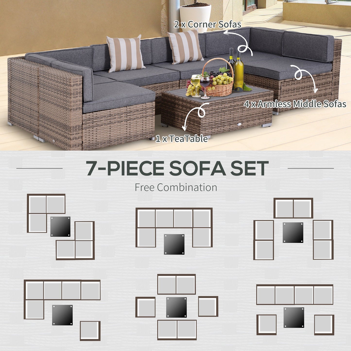 7 Piece Patio Furniture Set, PE Rattan Outdoor Conversation Set with Sectional Sofa, Glass Tabletop, Cushions and Pillows for Garden, Lawn, Deck, Dark Beige and Grey