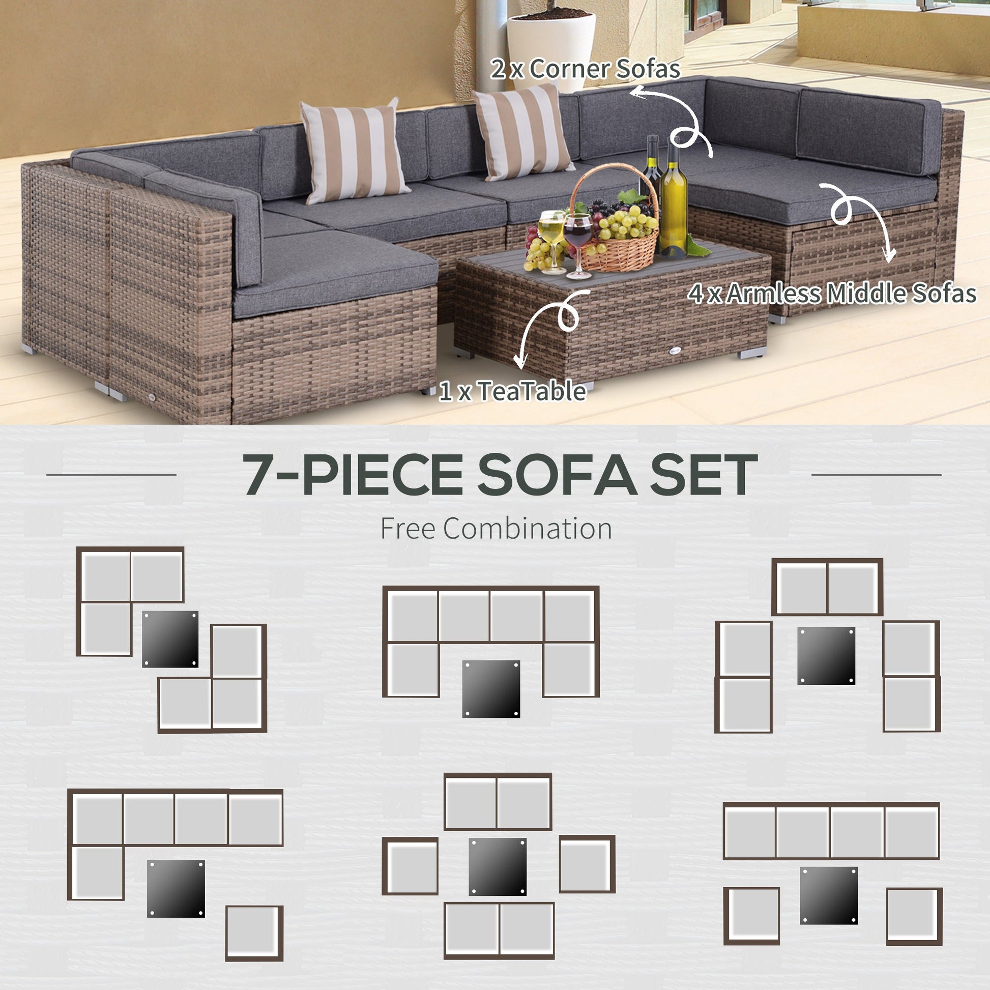 7 Piece Patio Furniture Set, PE Rattan Outdoor Conversation Set with Sectional Sofa, Glass Tabletop, Cushions and Pillows for Garden, Lawn, Deck, Dark Beige and Grey