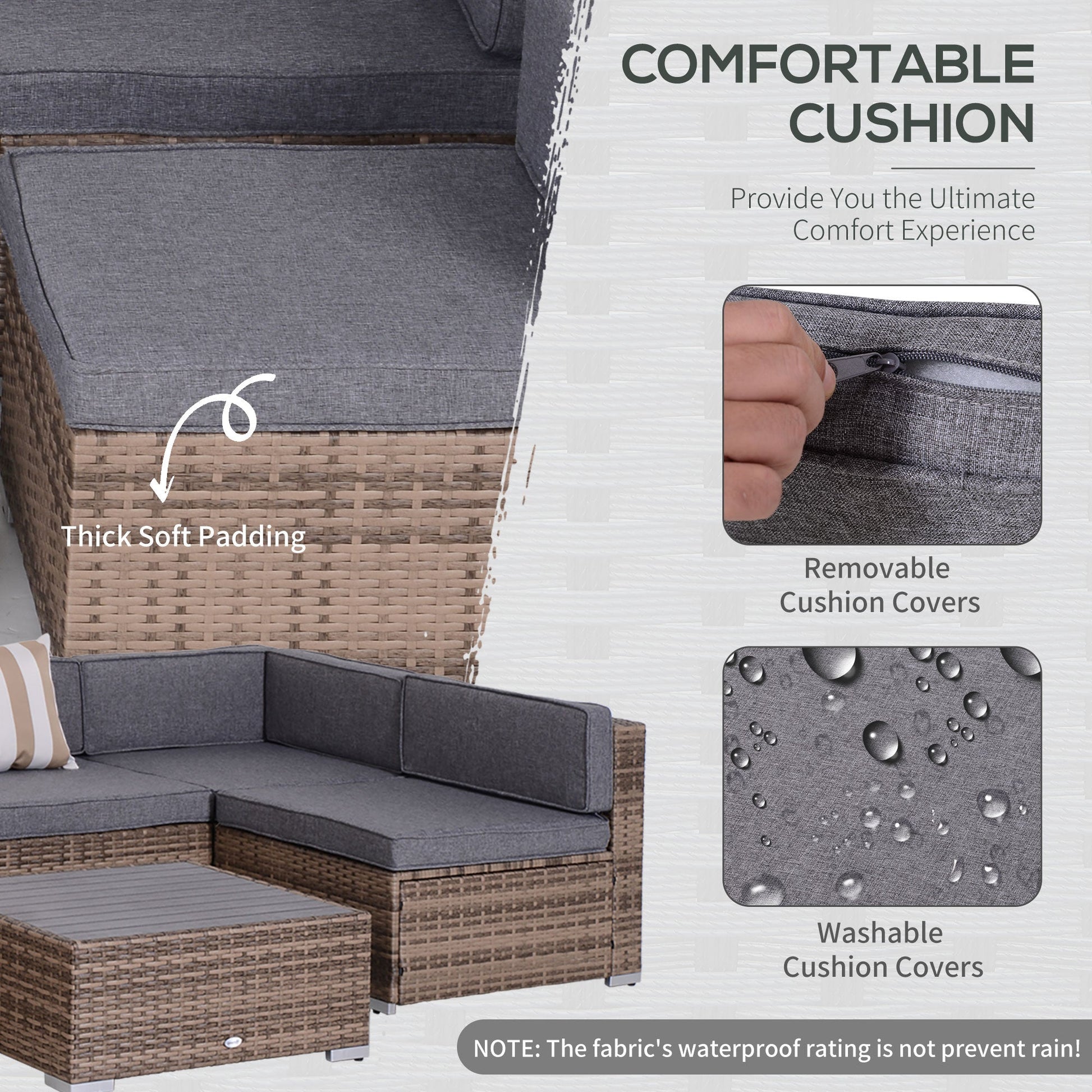 7 Piece Patio Furniture Set, PE Rattan Outdoor Conversation Set with Sectional Sofa, Glass Tabletop, Cushions and Pillows for Garden, Lawn, Deck, Dark Beige and Grey