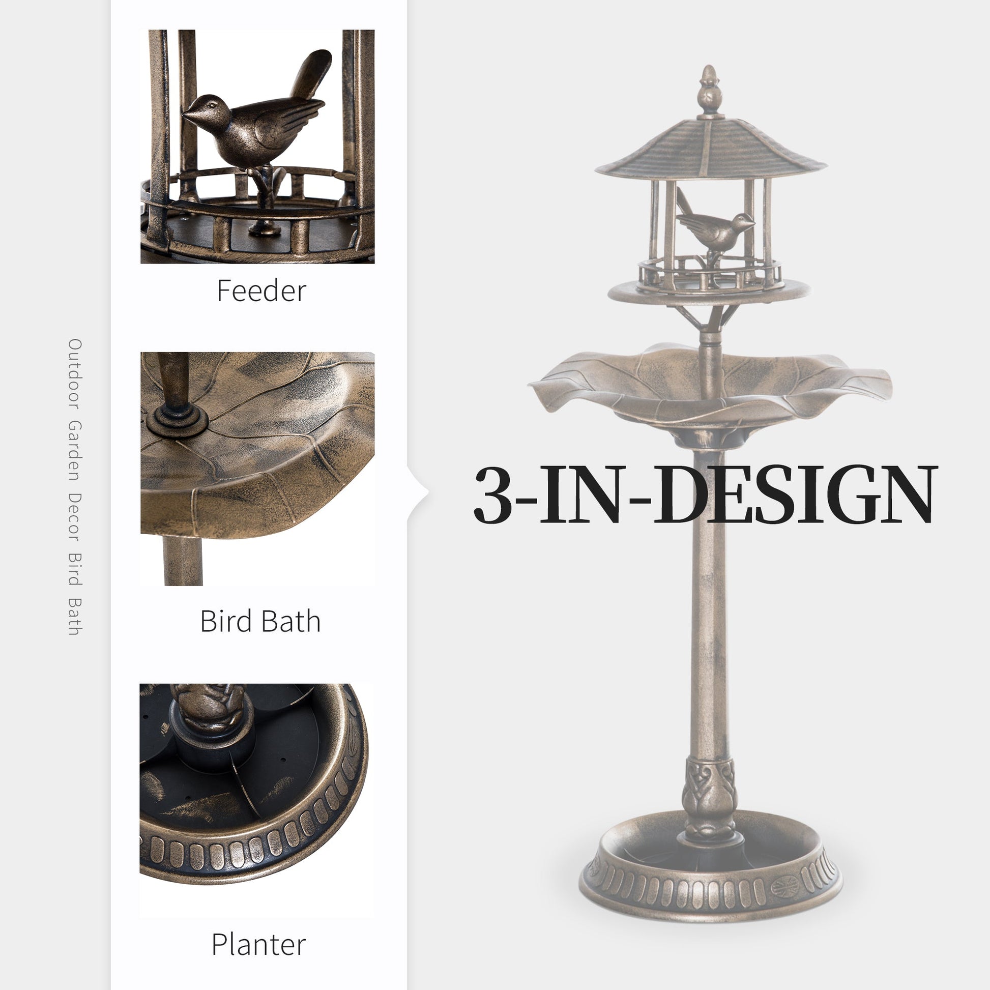3-in-1 Garden Bird Bath Bowl Pedastal with Bird Feeder, Large Water Basin, & Underneath Flower Planter