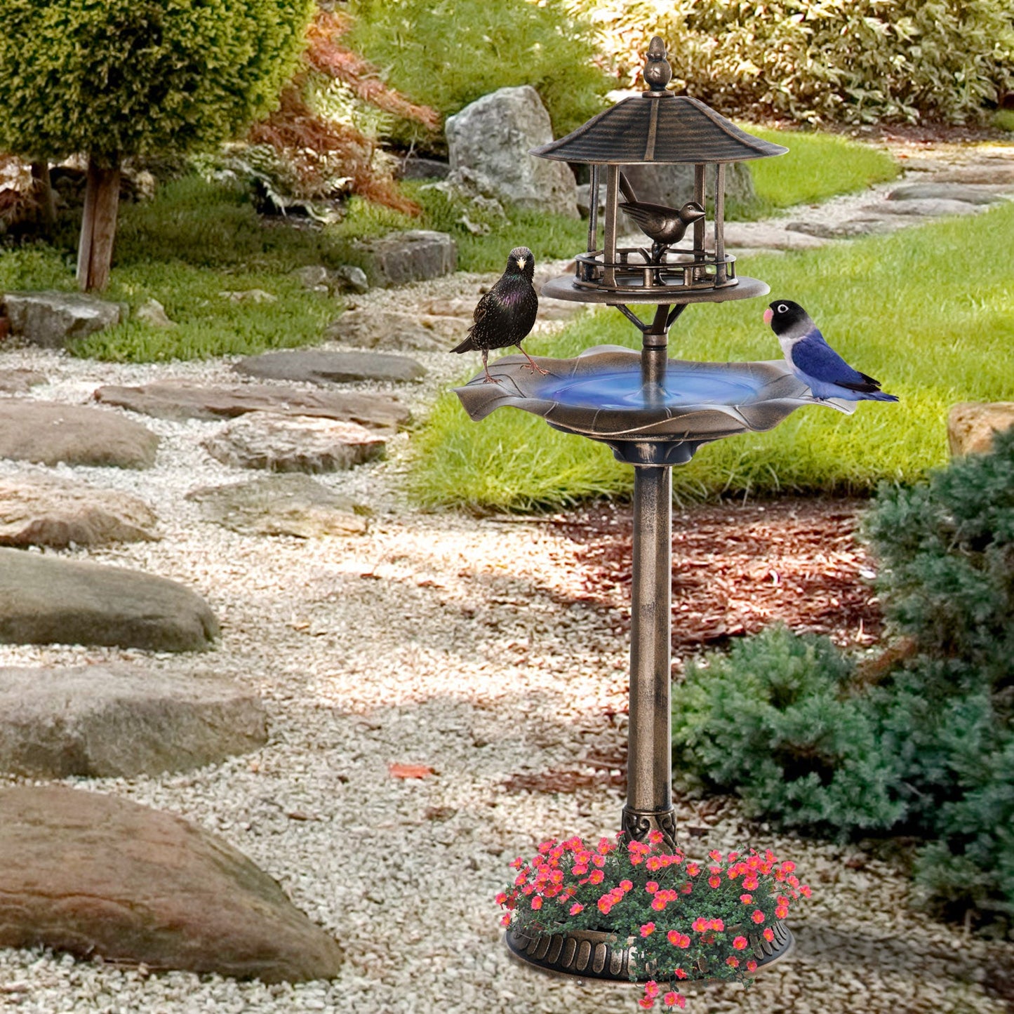 3-in-1 Garden Bird Bath Bowl Pedastal with Bird Feeder, Large Water Basin, & Underneath Flower Planter