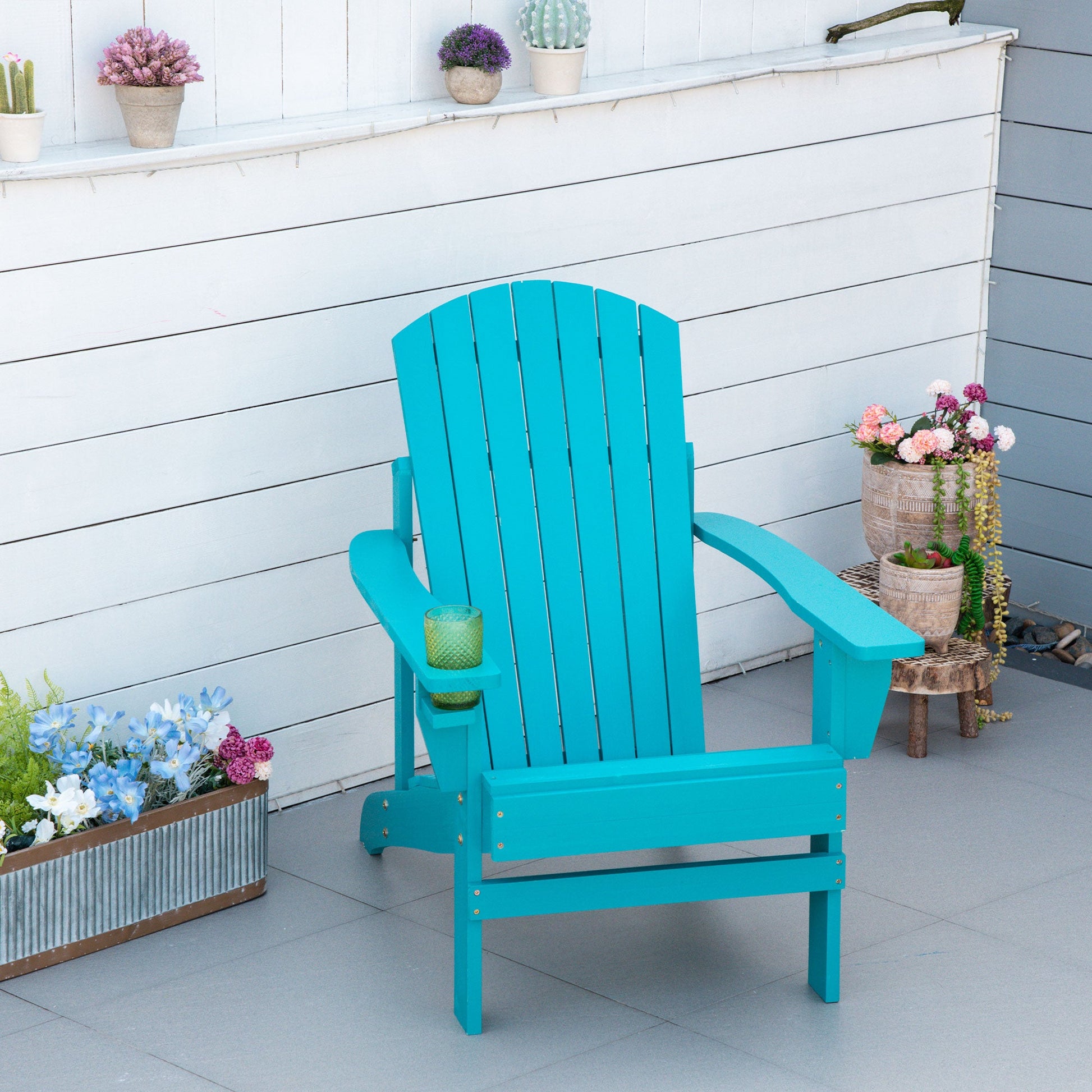 Classic Adirondack Chair Muskoka Chair, Garden Deck Chair with Cup Holder for Patio, Indoor, Backyard, Turquoise