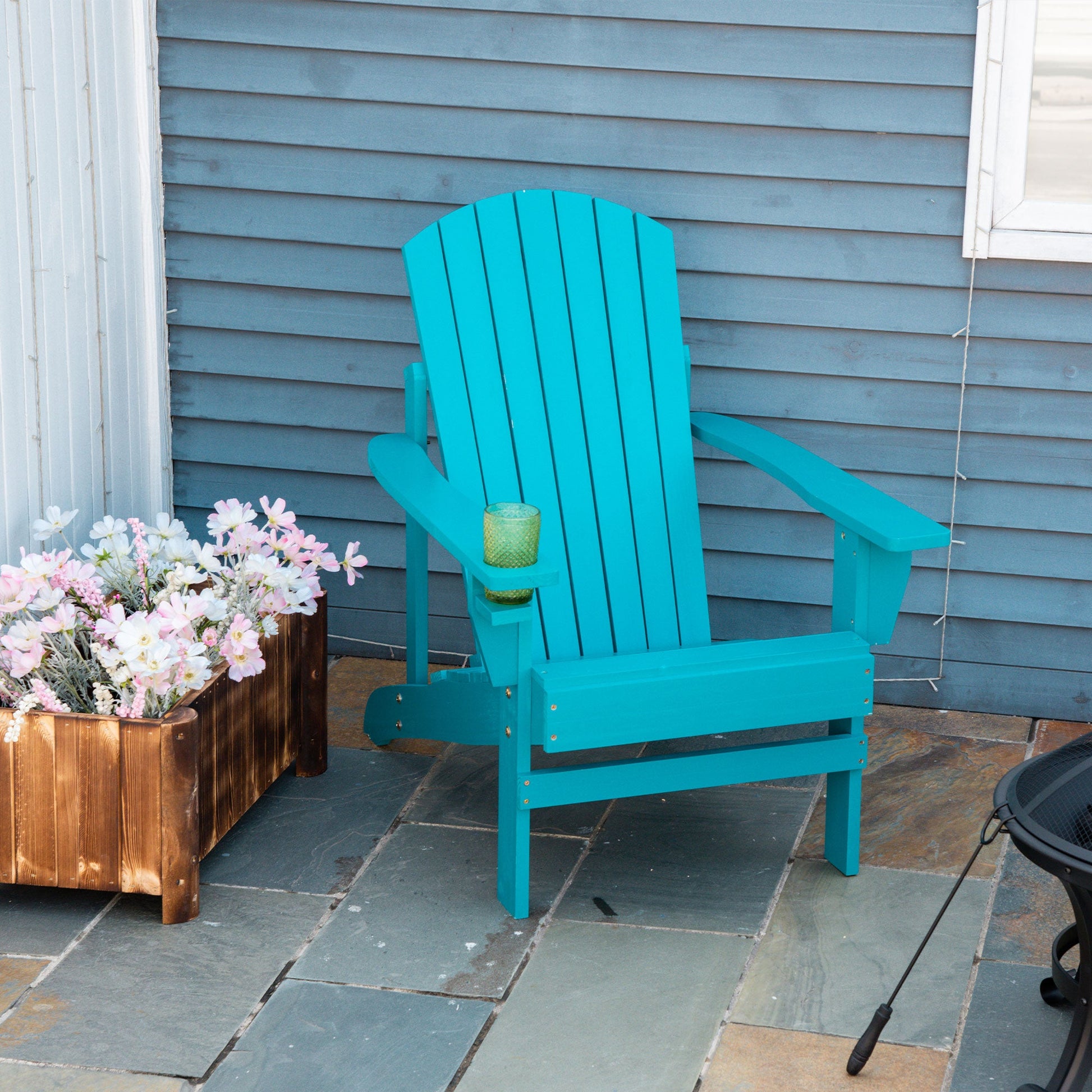 Classic Adirondack Chair Muskoka Chair, Garden Deck Chair with Cup Holder for Patio, Indoor, Backyard, Turquoise