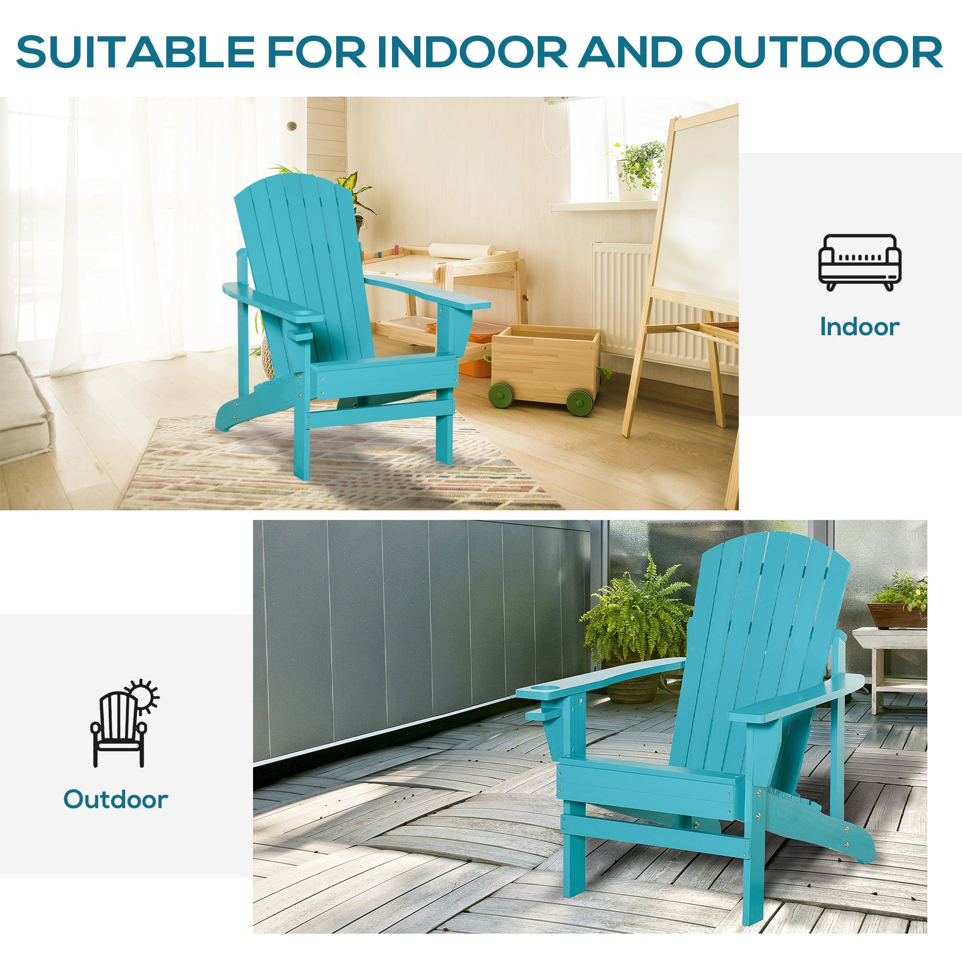 Classic Adirondack Chair Muskoka Chair, Garden Deck Chair with Cup Holder for Patio, Indoor, Backyard, Turquoise