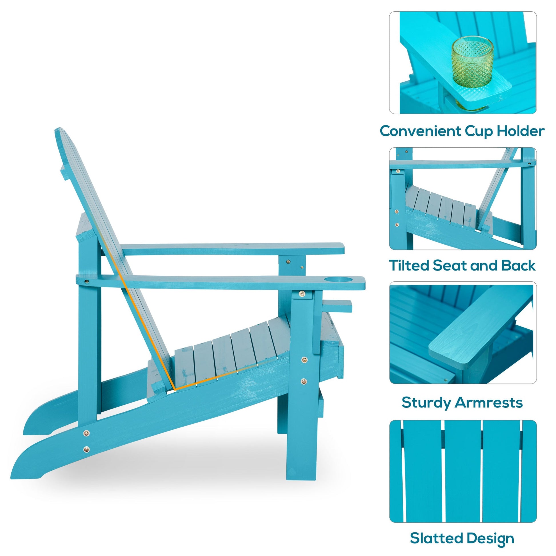 Classic Adirondack Chair Muskoka Chair, Garden Deck Chair with Cup Holder for Patio, Indoor, Backyard, Turquoise