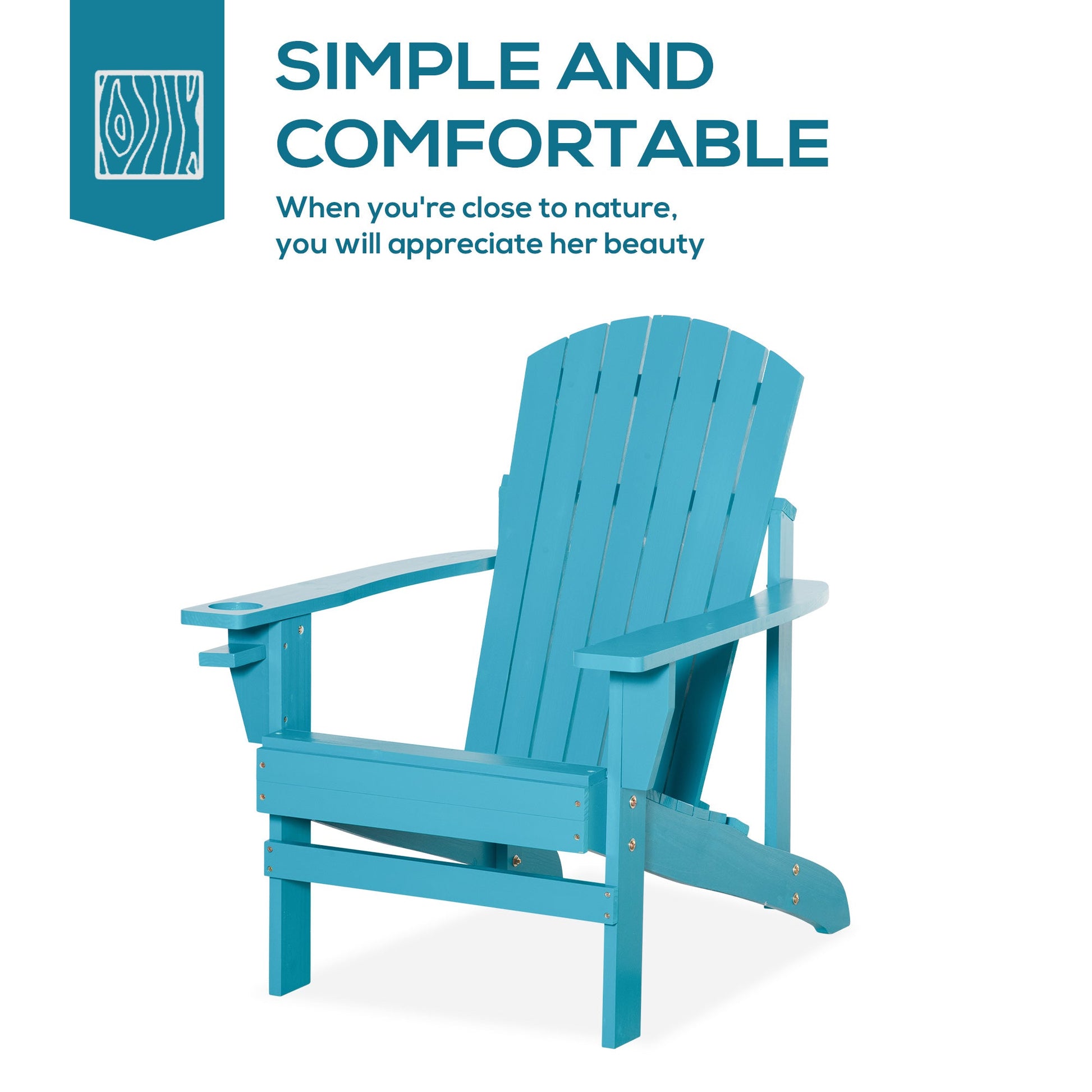 Classic Adirondack Chair Muskoka Chair, Garden Deck Chair with Cup Holder for Patio, Indoor, Backyard, Turquoise