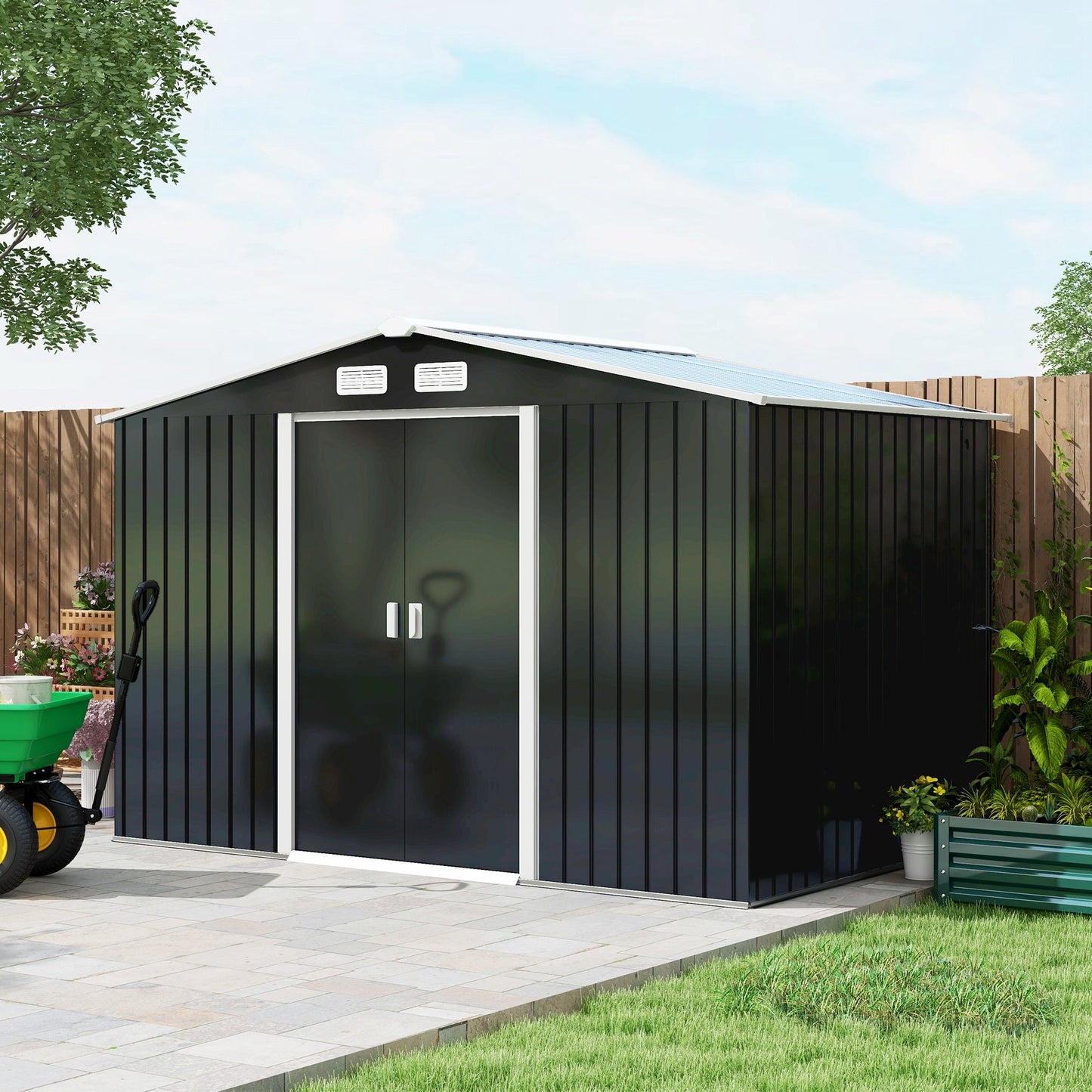 9' x 6' Garden Storage Shed with Foundation Kit, Metal Tool Storage House with Double Doors for Outdoor Patio Yard, Dark Grey