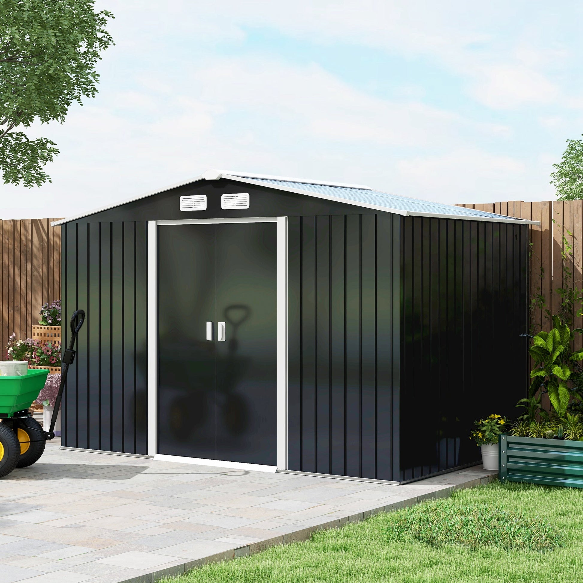 9' x 6' Garden Storage Shed with Foundation Kit, Metal Tool Storage House with Double Doors for Outdoor Patio Yard, Dark Grey