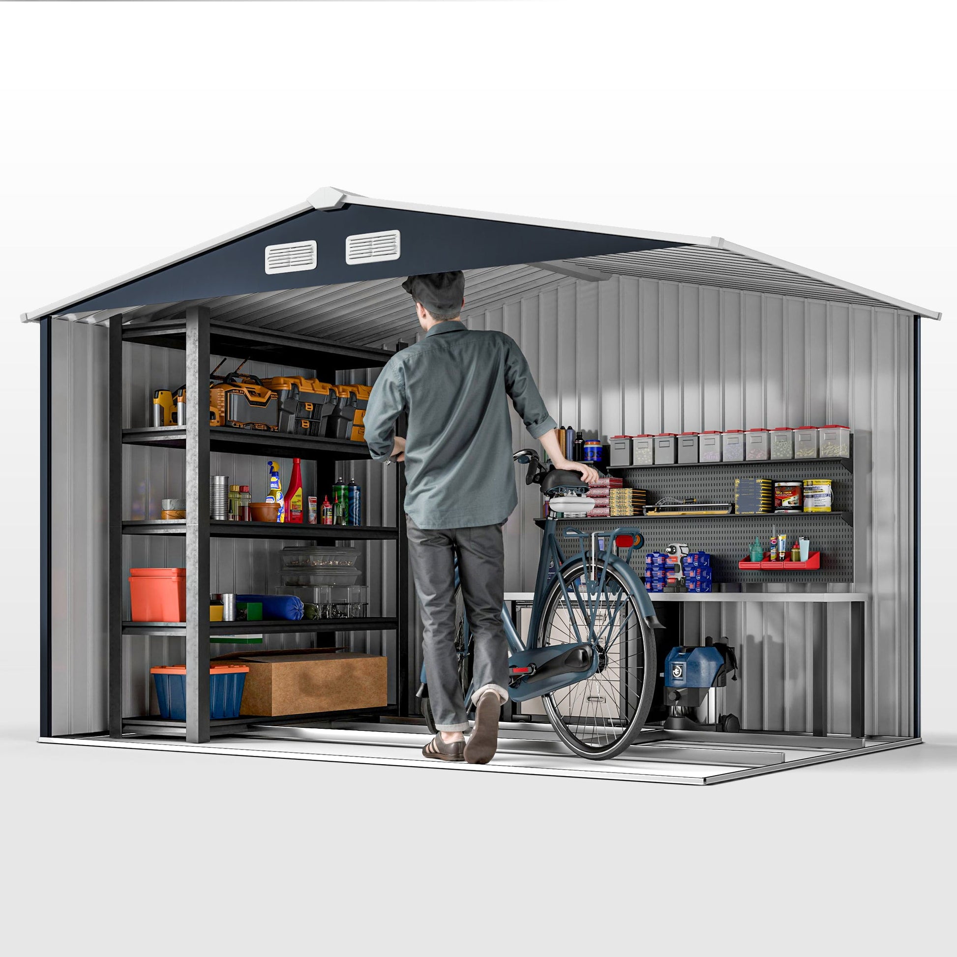 9' x 6' Garden Storage Shed with Foundation Kit, Metal Tool Storage House with Double Doors for Outdoor Patio Yard, Dark Grey