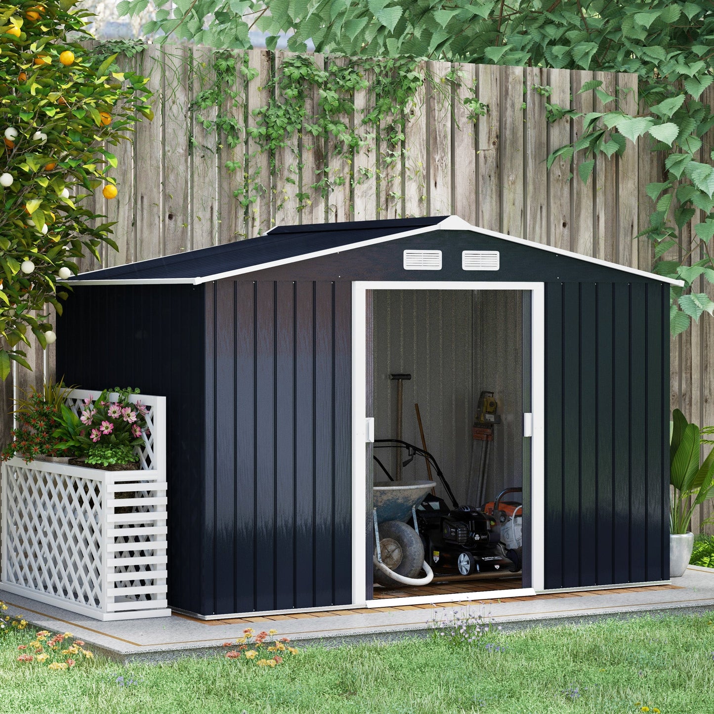 9' x 6' Garden Storage Shed with Foundation Kit, Metal Tool Storage House with Double Doors for Outdoor Patio Yard, Dark Grey