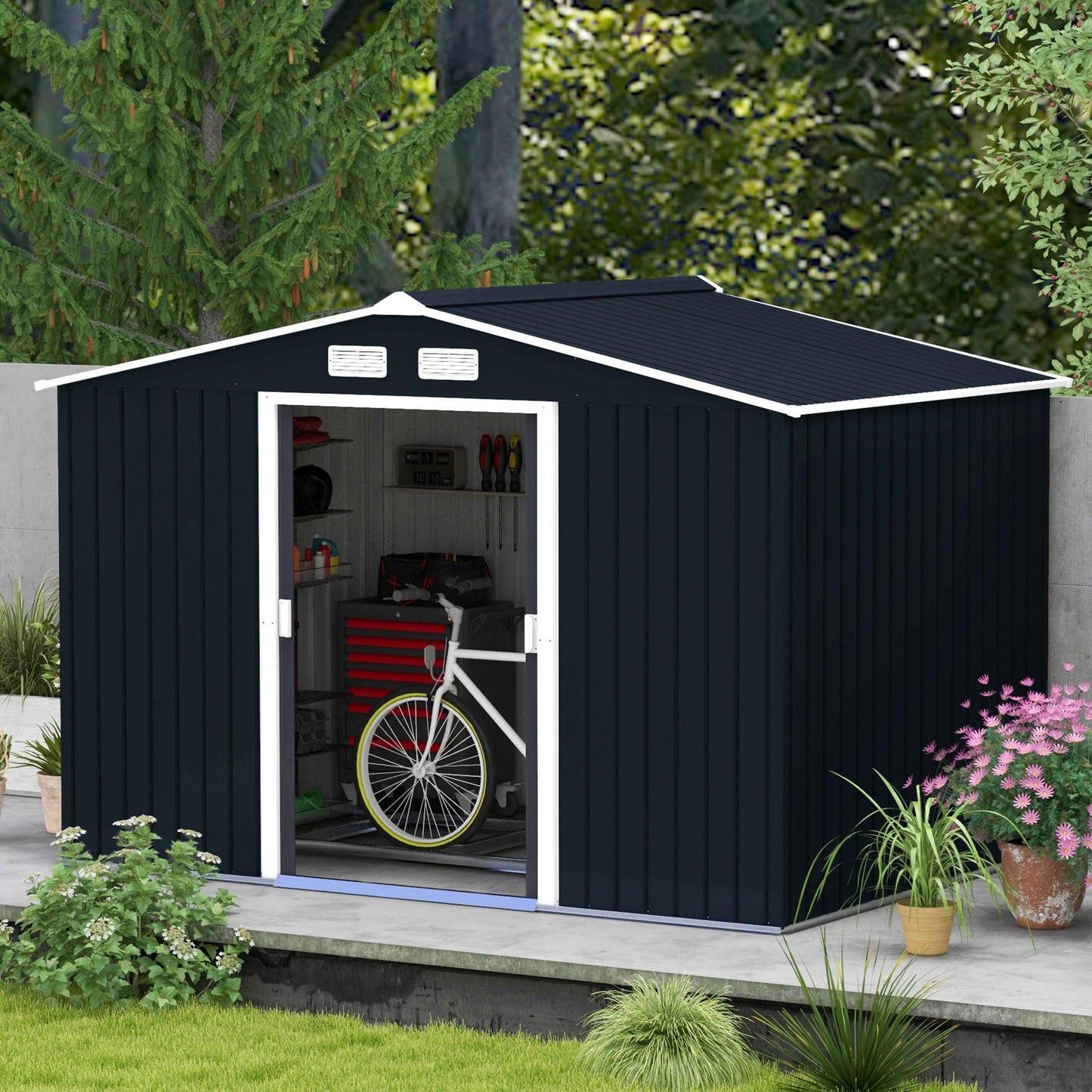 9' x 6' Garden Storage Shed with Foundation Kit, Metal Tool Storage House with Double Doors for Outdoor Patio Yard, Dark Grey