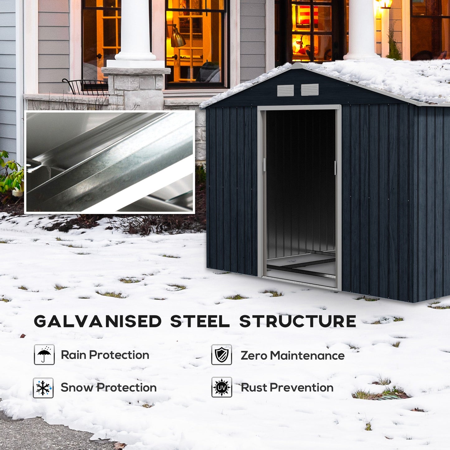 9' x 6' Garden Storage Shed with Foundation Kit, Metal Tool Storage House with Double Doors for Outdoor Patio Yard, Dark Grey