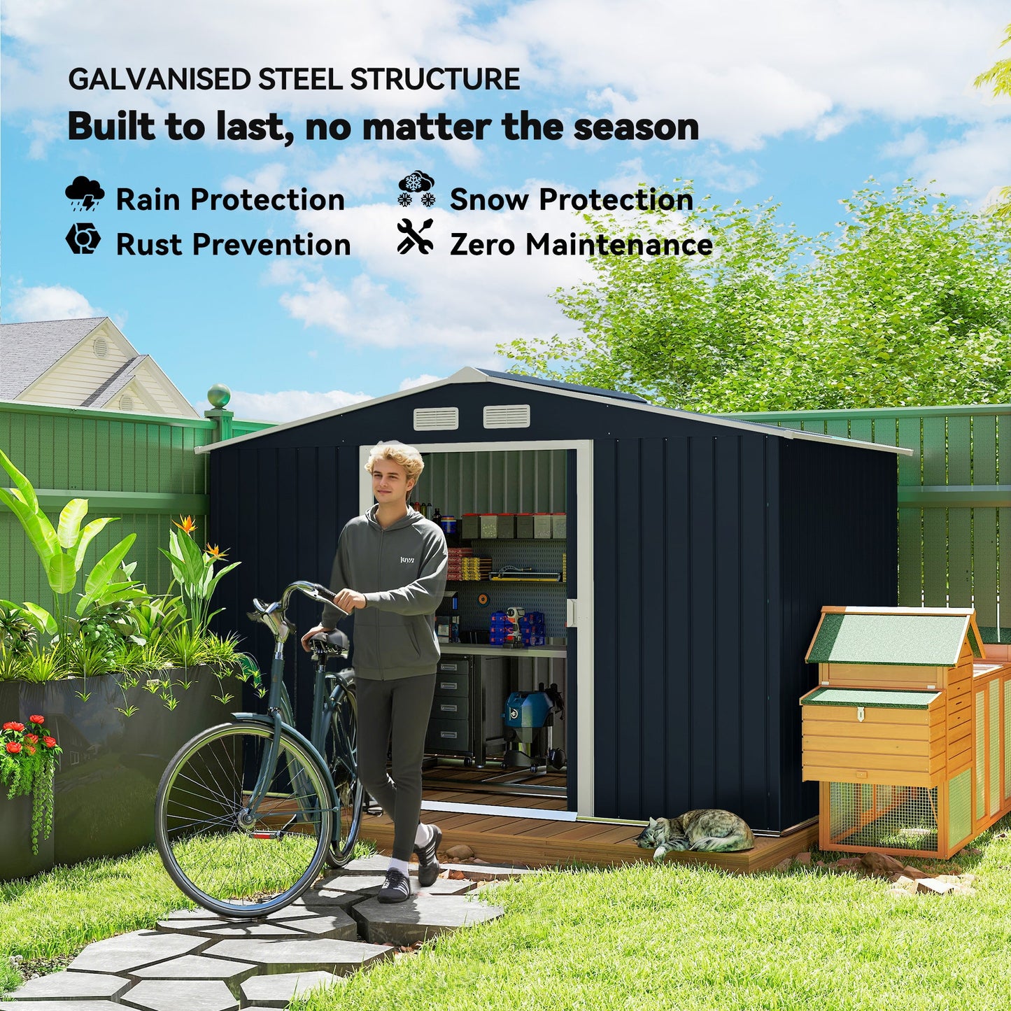 9' x 6' Garden Storage Shed with Foundation Kit, Metal Tool Storage House with Double Doors for Outdoor Patio Yard, Dark Grey