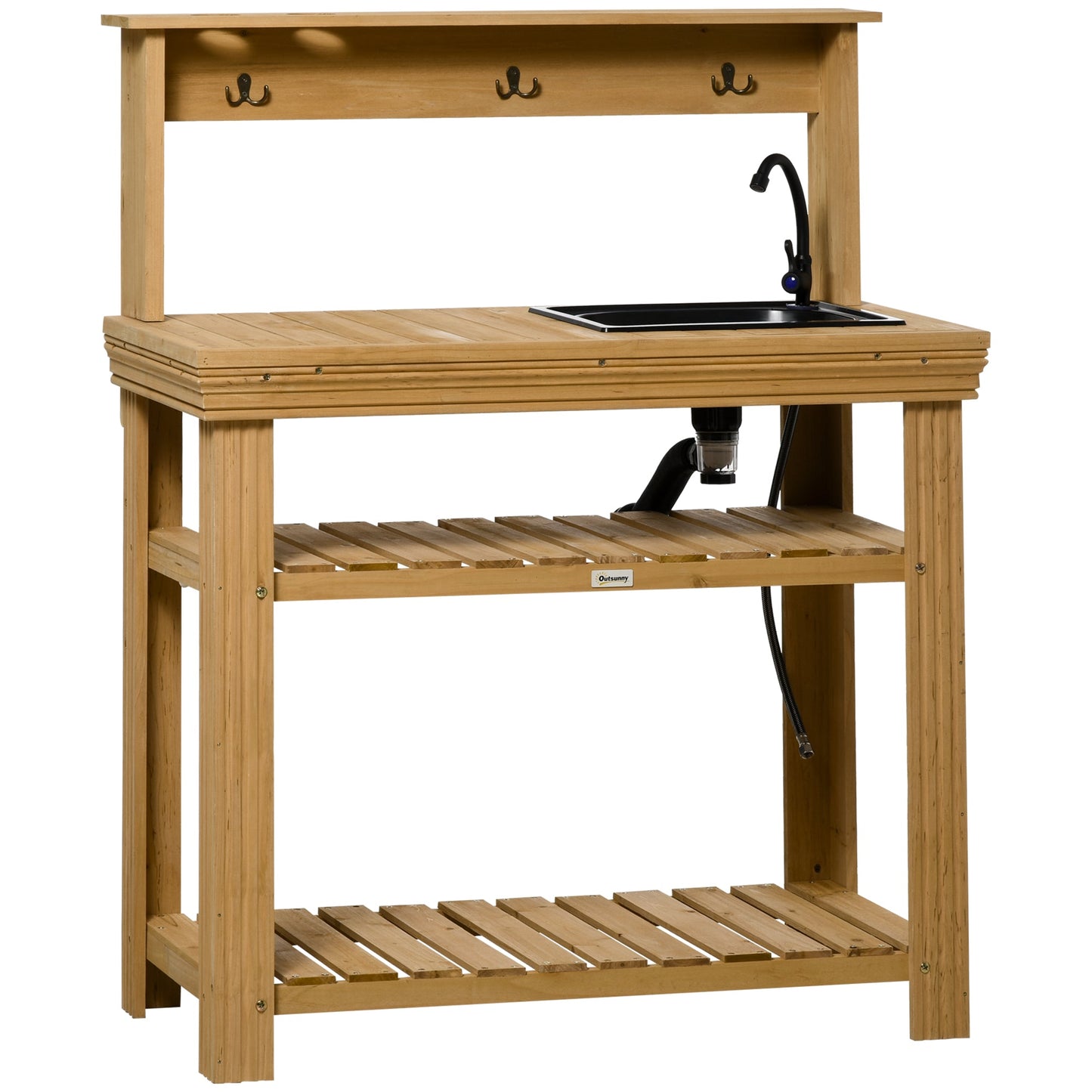Outdoor Potting Bench Table with Faucet, Removable Sink, Hooks and Storage Shelves, Wood Work Bench Workstation for Greenhouse, Garden, Patio