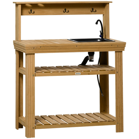 Outdoor Potting Bench Table with Faucet, Removable Sink, Hooks and Storage Shelves, Wood Work Bench Workstation for Greenhouse, Garden, Patio