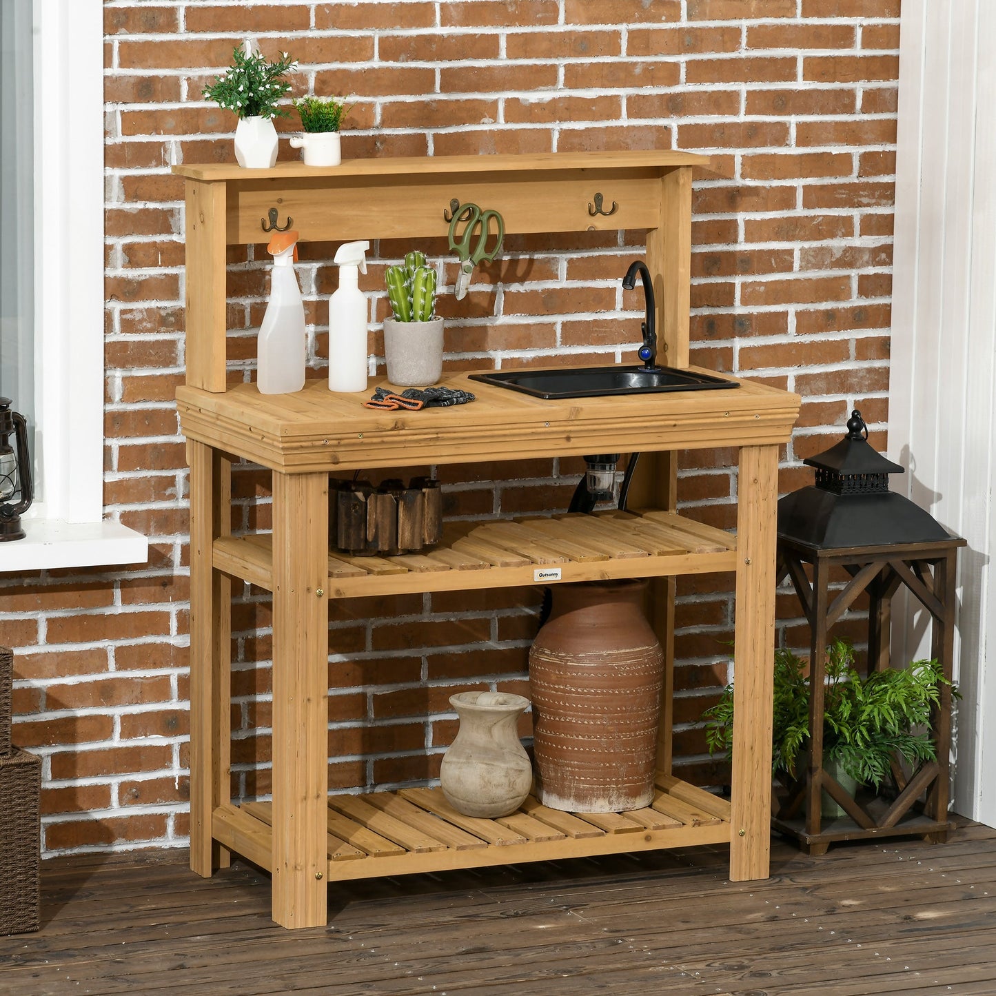 Outdoor Potting Bench Table with Faucet, Removable Sink, Hooks and Storage Shelves, Wood Work Bench Workstation for Greenhouse, Garden, Patio