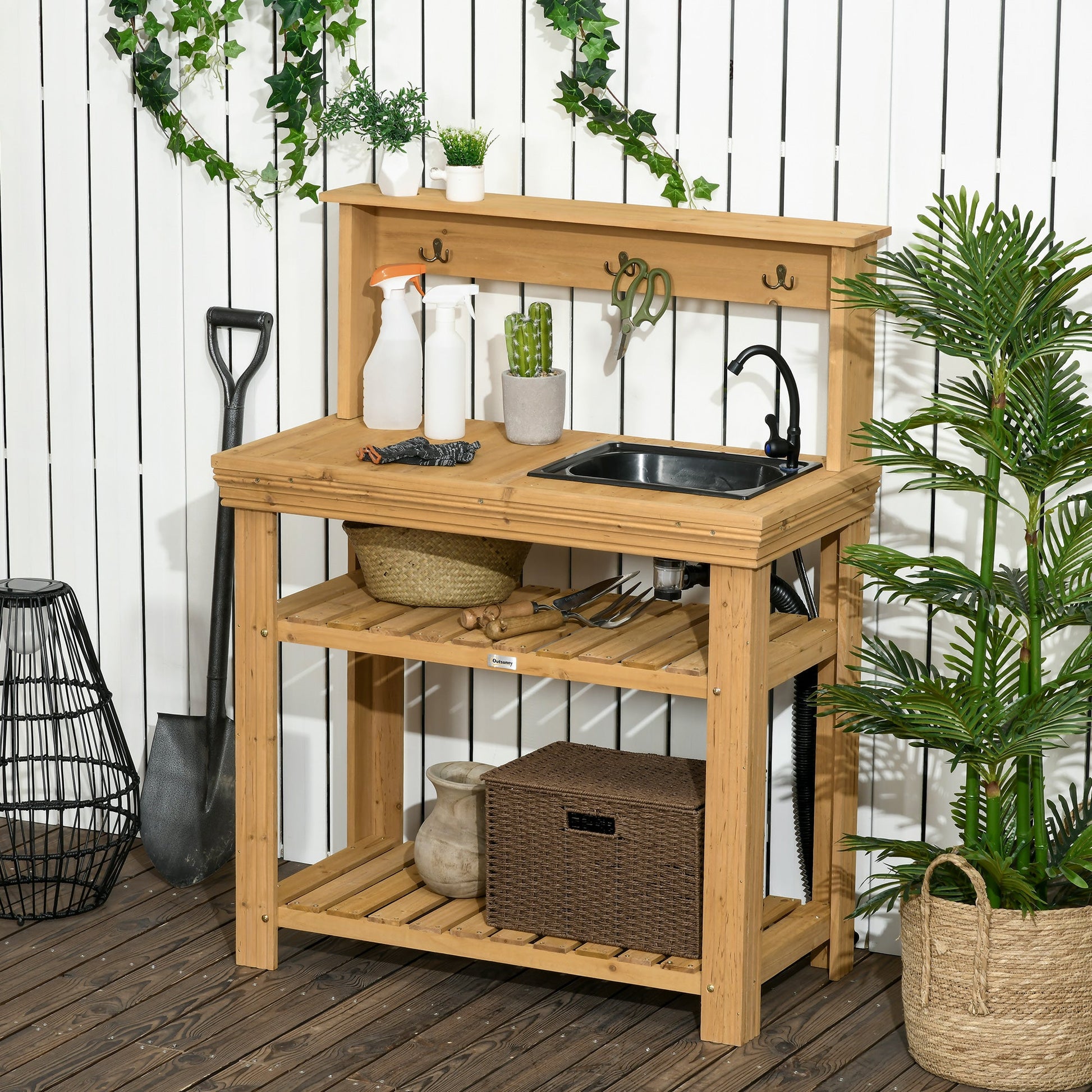 Outdoor Potting Bench Table with Faucet, Removable Sink, Hooks and Storage Shelves, Wood Work Bench Workstation for Greenhouse, Garden, Patio