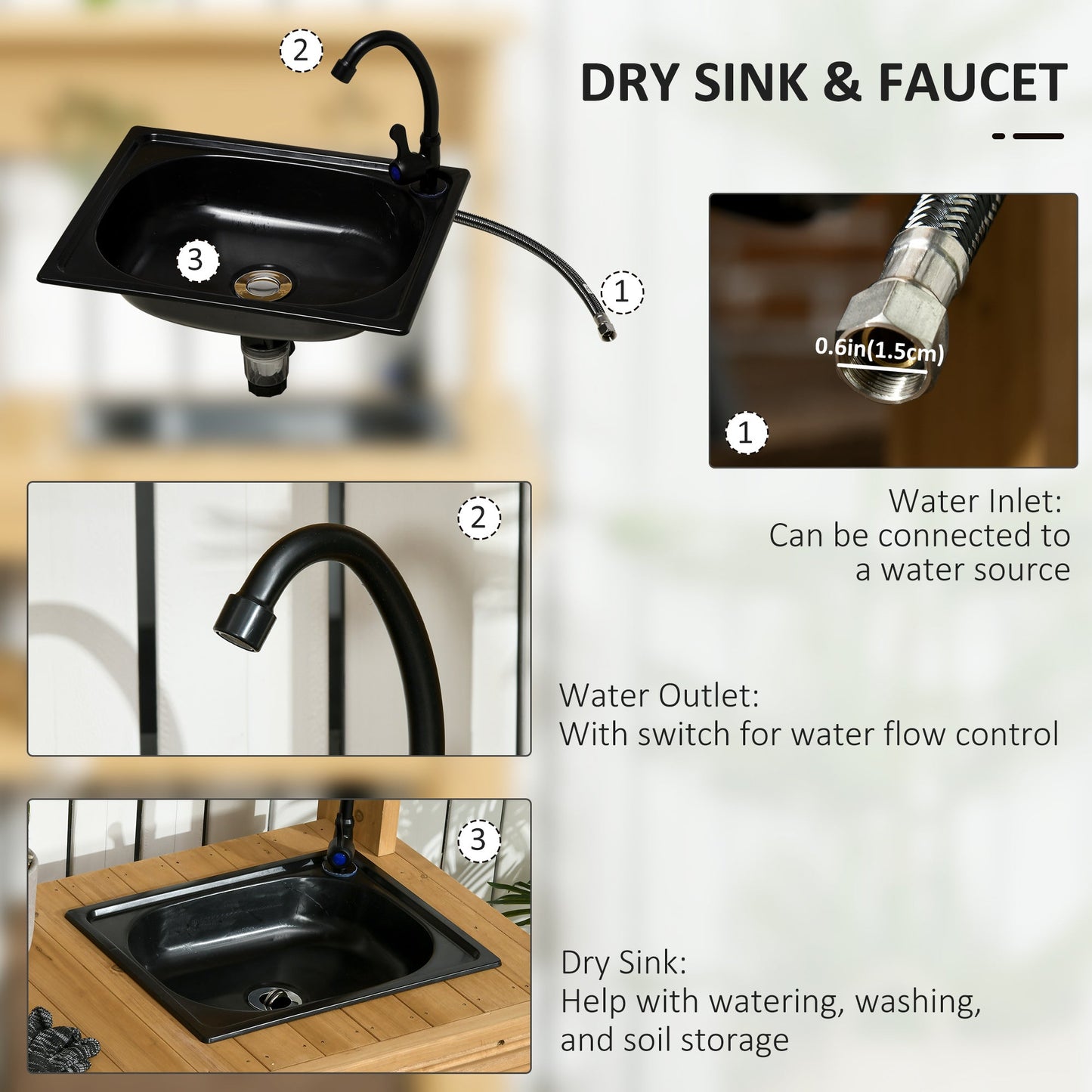 Outdoor Potting Bench Table with Faucet, Removable Sink, Hooks and Storage Shelves, Wood Work Bench Workstation for Greenhouse, Garden, Patio