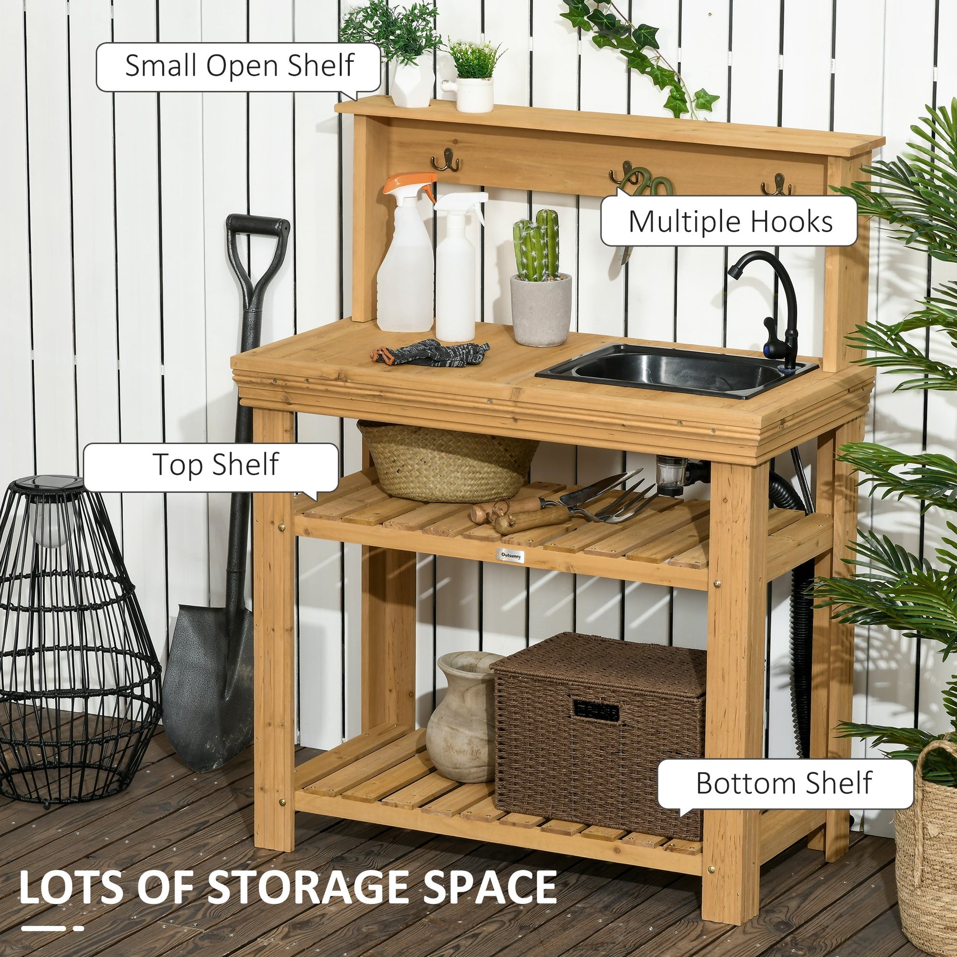 Outdoor Potting Bench Table with Faucet, Removable Sink, Hooks and Storage Shelves, Wood Work Bench Workstation for Greenhouse, Garden, Patio