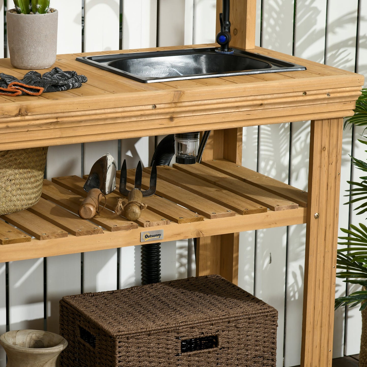 Outdoor Potting Bench Table with Faucet, Removable Sink, Hooks and Storage Shelves, Wood Work Bench Workstation for Greenhouse, Garden, Patio