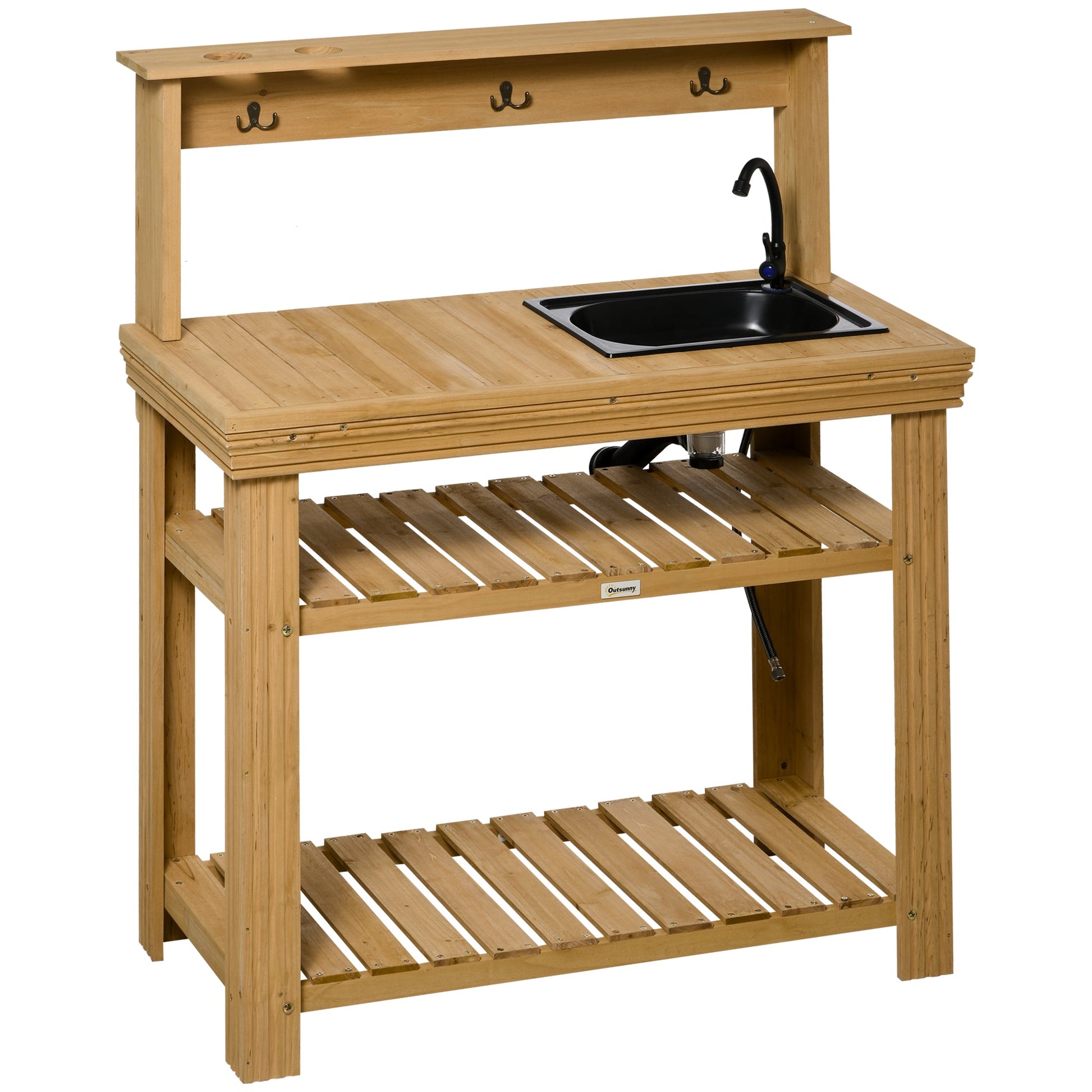 Outdoor Potting Bench Table with Faucet, Removable Sink, Hooks and Storage Shelves, Wood Work Bench Workstation for Greenhouse, Garden, Patio