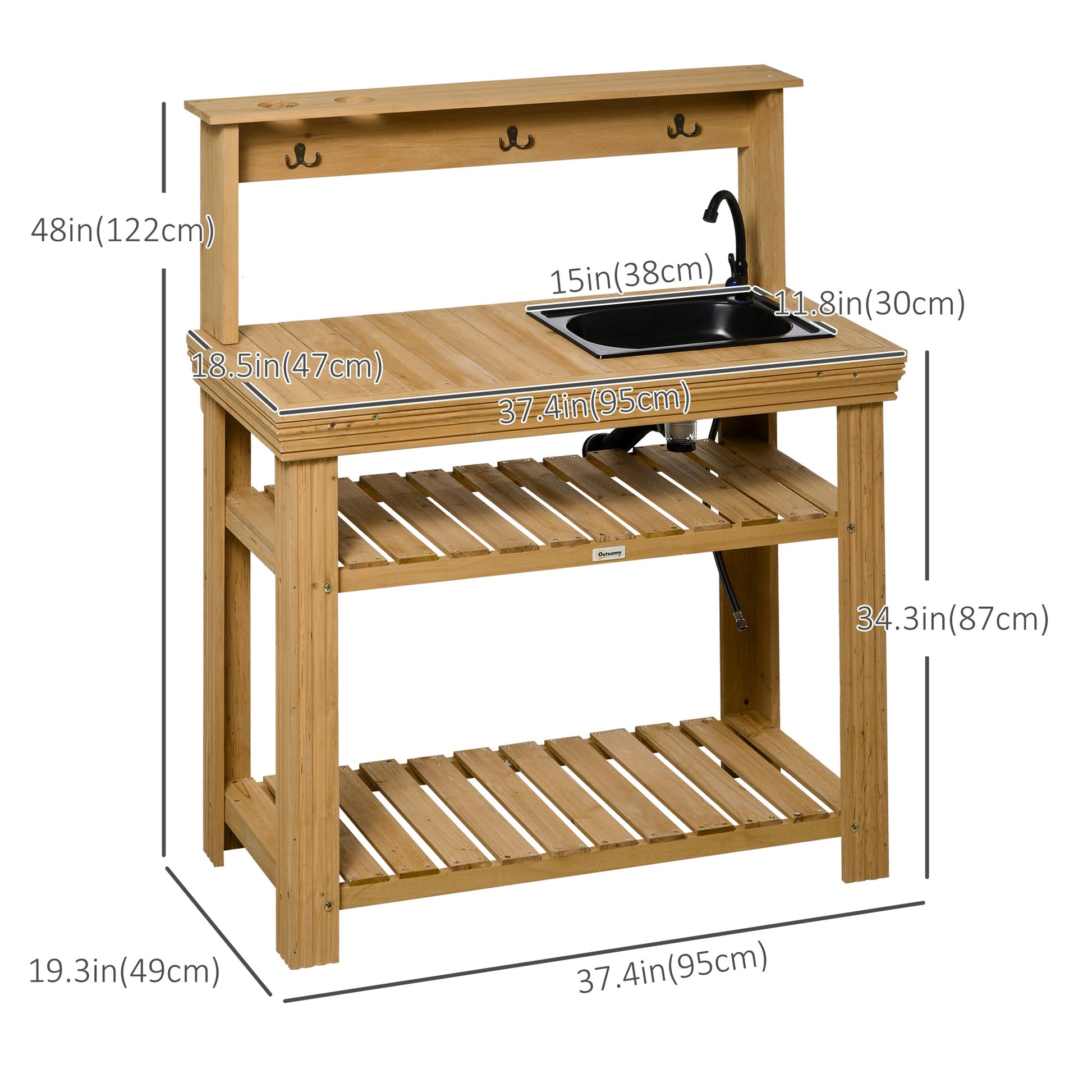 Outdoor Potting Bench Table with Faucet, Removable Sink, Hooks and Storage Shelves, Wood Work Bench Workstation for Greenhouse, Garden, Patio