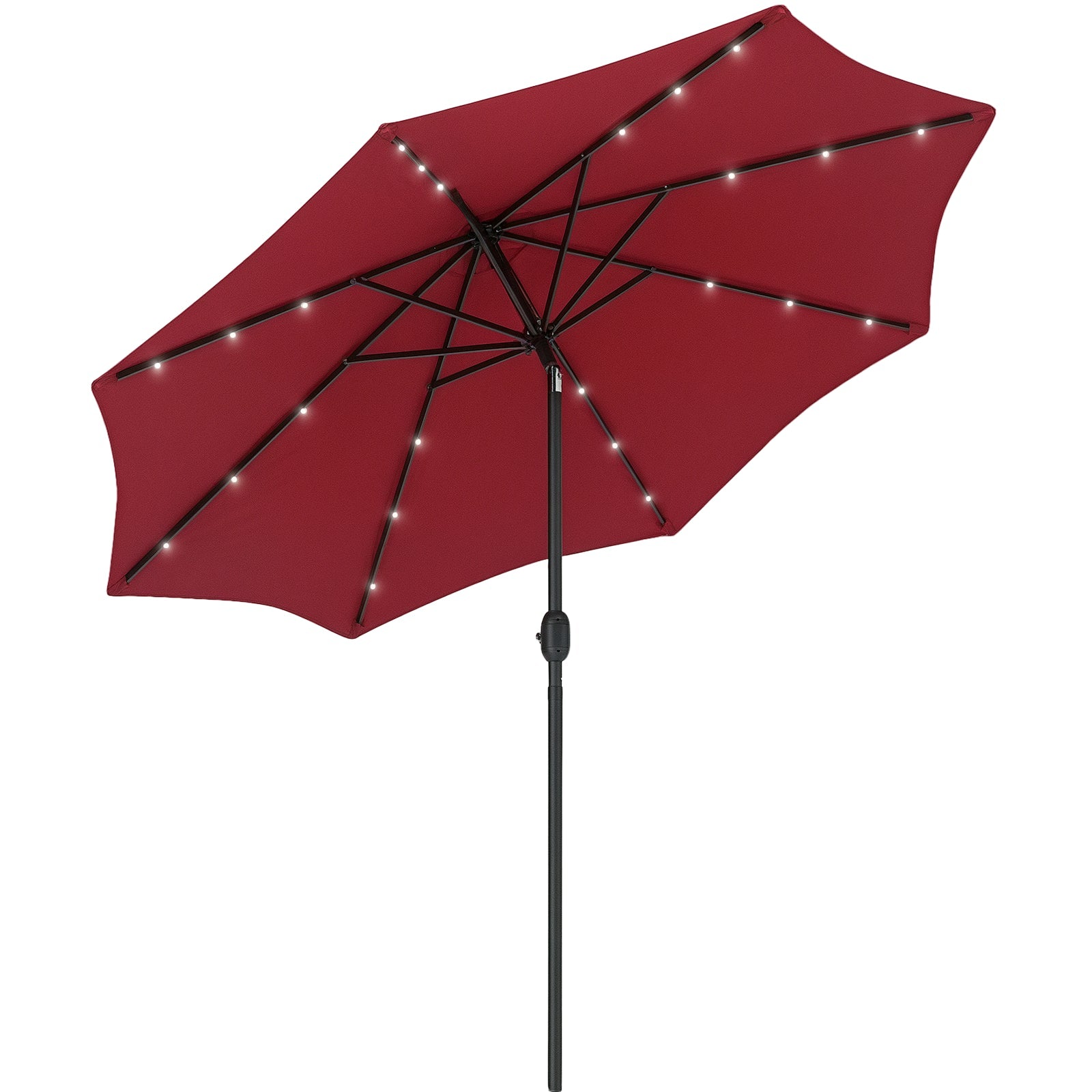 9ft Solar Patio Umbrella Outdoor Sunshade 24 LED Lights Tilt Canopy, Wine Red