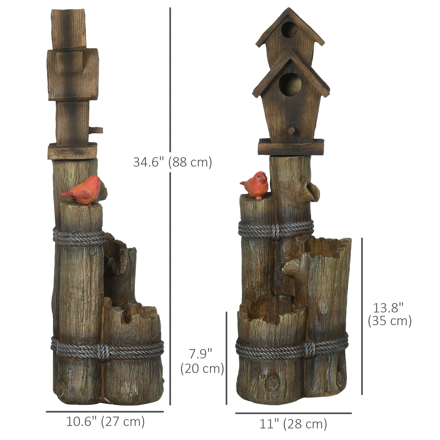 Outdoor Fountain with Birdhouse, Cascading Garden Waterfall Bird Bath with 3-Tier Rustic Tree Trunk / Log Design, LED Lights for Porch, Deck, Yard Decor, Brown