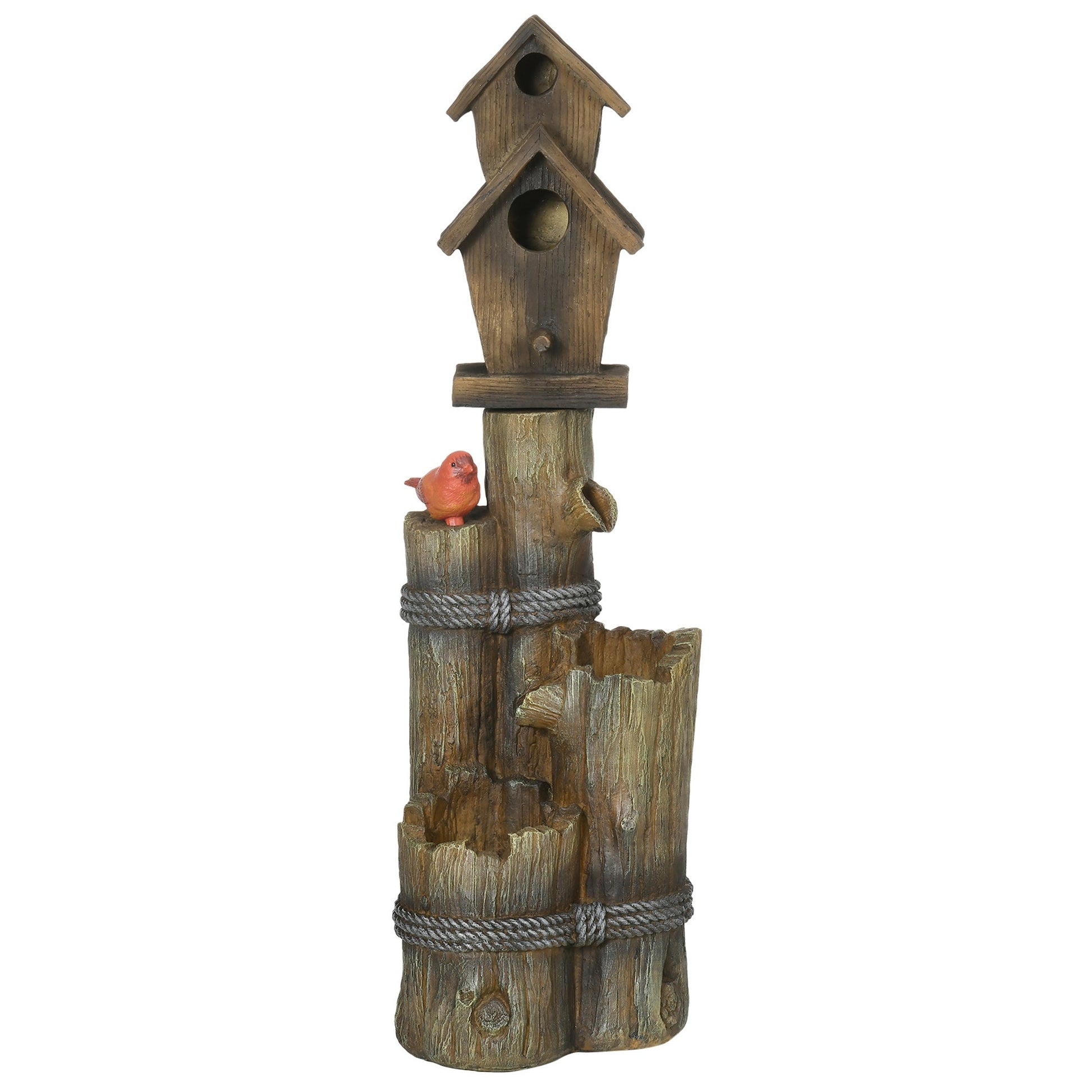 Outdoor Fountain with Birdhouse, Cascading Garden Waterfall Bird Bath with 3-Tier Rustic Tree Trunk / Log Design, LED Lights for Porch, Deck, Yard Decor, Brown