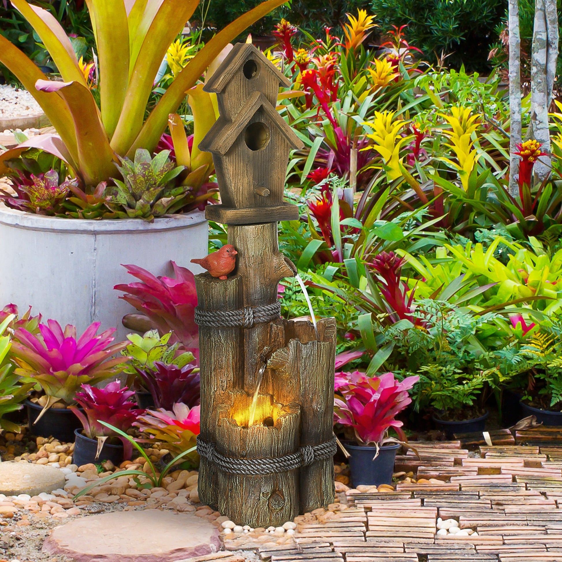 Outdoor Fountain with Birdhouse, Cascading Garden Waterfall Bird Bath with 3-Tier Rustic Tree Trunk / Log Design, LED Lights for Porch, Deck, Yard Decor, Brown