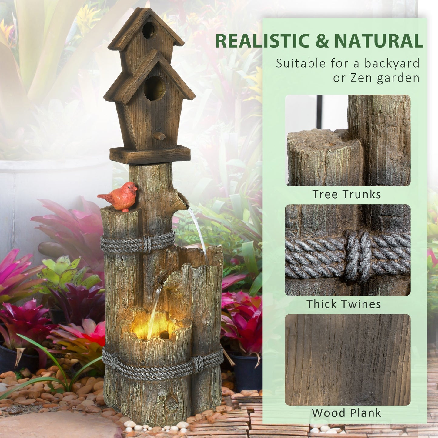 Outdoor Fountain with Birdhouse, Cascading Garden Waterfall Bird Bath with 3-Tier Rustic Tree Trunk / Log Design, LED Lights for Porch, Deck, Yard Decor, Brown
